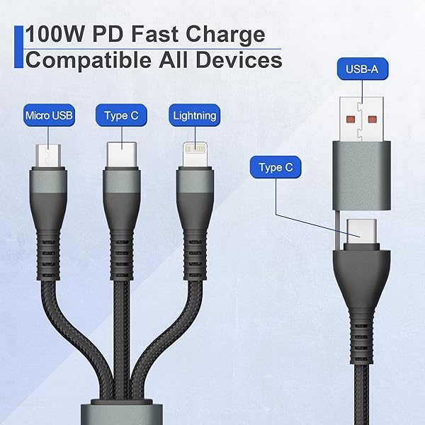 100W USB C to Multi Fast Charging Cable 3M/10Ft USB A/C to 3-in-1 Long Charging Cord with Type C +Micro USB +Lightning Connector Universal Charger for Laptop iPhone i-Pad - Image 4