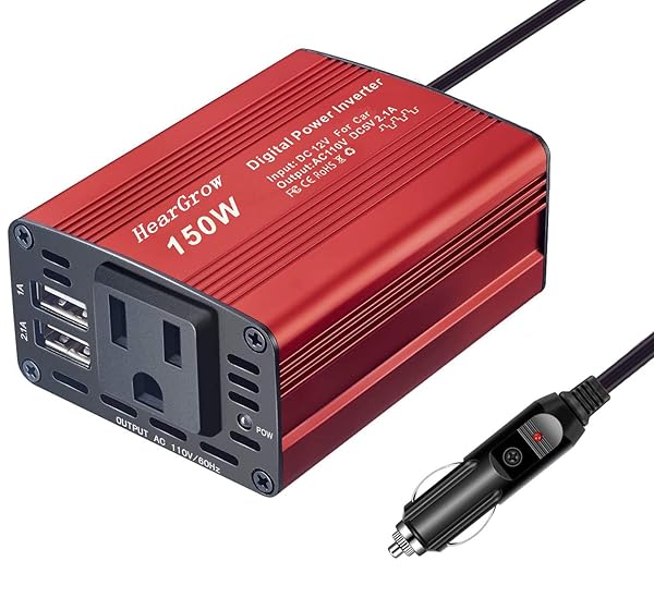 HearGrow 150W Red Car Power Inverter: 12V to 110V Converter with Dual USB Fast Charging for Travel & Camping