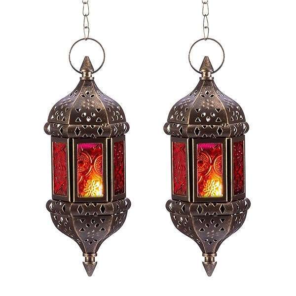 NUPTIO Handmade Moroccan Candle Lantern Holders - 2 Pcs Hexagon Tea Light Holders in Bronze & Colorful Glass - Perfect Gift & Home Decor