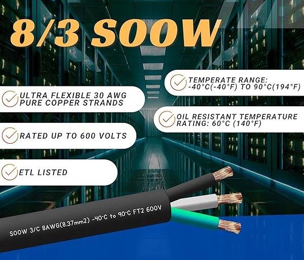 20 Feet 8 3 SOOW Cable Cord Wire - 8 Gauge 8 AWG 3 Conductor 600V Portable Power Extension Cord Cable with Ultra Flexible CPD Insulation Jacket - Image 2