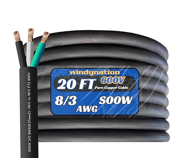 20 Feet 8 3 SOOW Cable Cord Wire - 8 Gauge 8 AWG 3 Conductor 600V Portable Power Extension Cord Cable with Ultra Flexible CPD Insulation Jacket