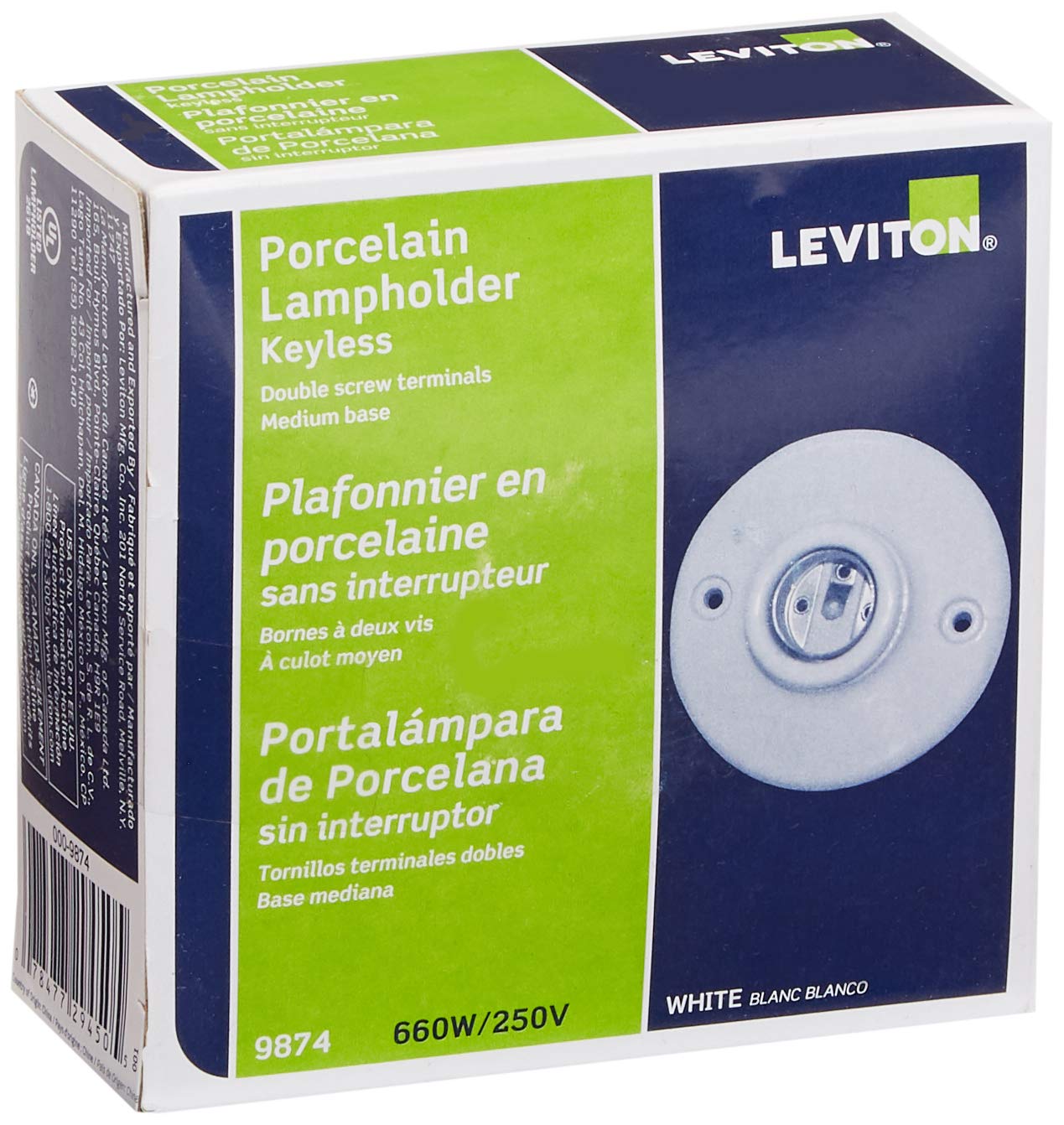 Leviton "Leviton 9874 Porcelain Outlet Box Mount & Keyless Ceiling Lampholder - 3-3/4" White Fixture"