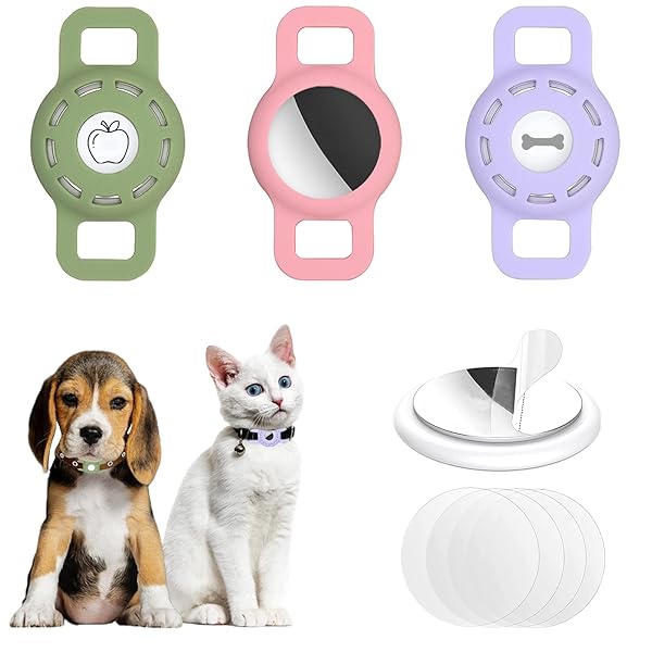 Fretime 3-Pack Silicone AirTag Cat Collar Holders - Anti-Lost Cases for Dogs & Cats in Pink, Green & Purple