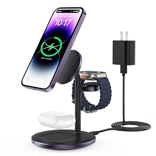 XooFly 3 in 1 Wireless Charging Station for Apple Devices, Fast Wireless Mag-Safe Charger Stand with 20W Adapter for iPhone 17 16 15 14 13 12 Pro Max - Image 2