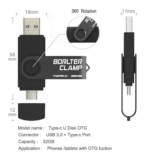 32GB USB Type-C Flash Drive BorlterClamp Dual Port Jump Drive for Android Smartphones Samsung Galaxy S10 S9 S8 Note 9 LG Huawei Tablets Computer Black - Image 8