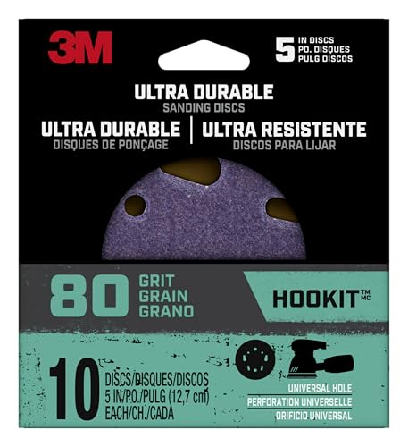 3M 3M Ultra Durable 5-Inch Power Sanding Discs - 80 Grit, Universal Hole, 10 Pack for Efficient Sanding