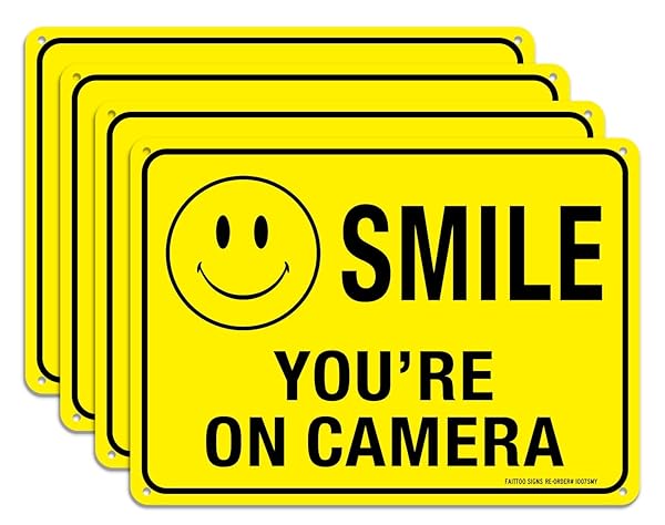 Faittoo 4 Pack Smile You're On Camera Signs - Durable 10x7 Reflective Aluminum for Indoor/Outdoor CCTV Security