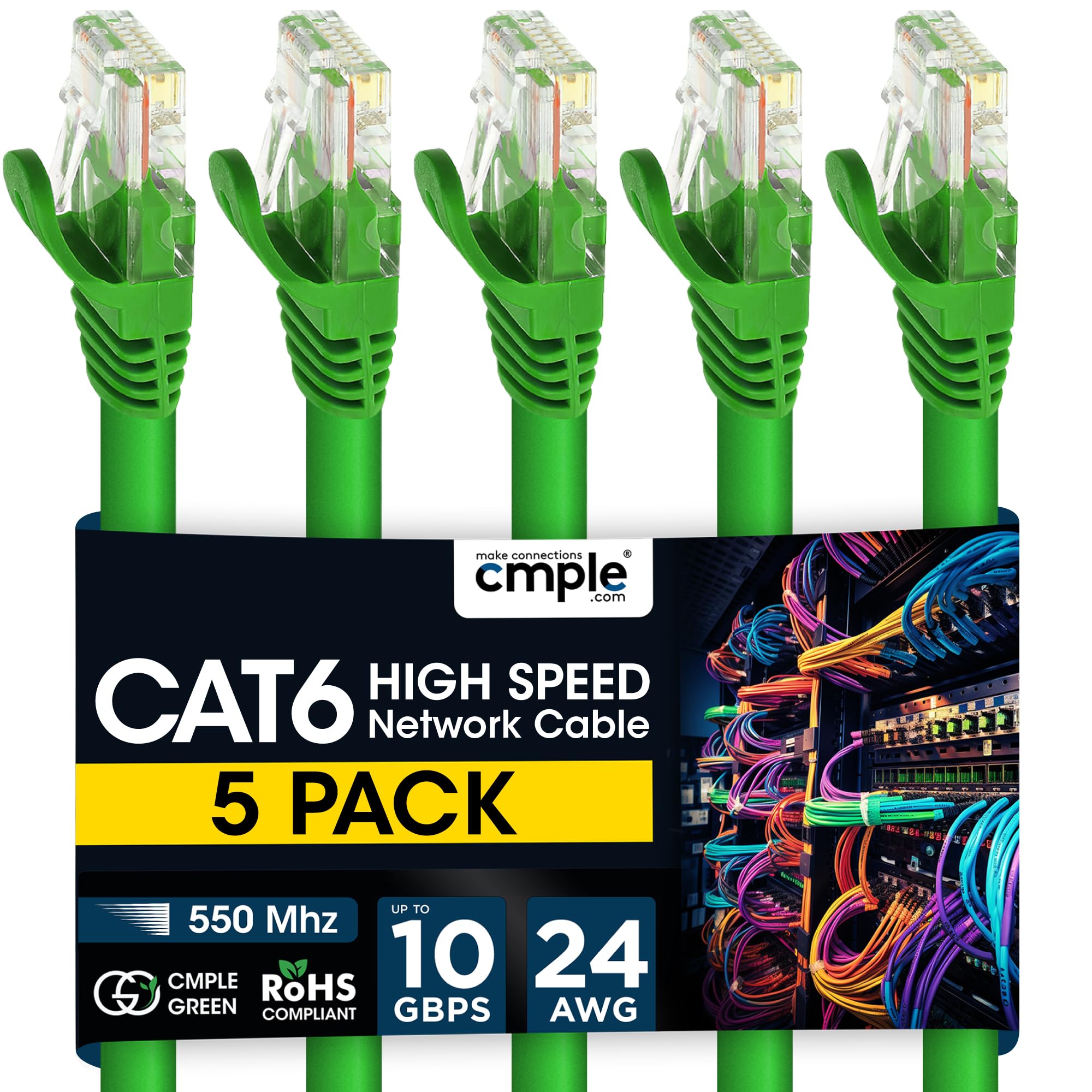 Cmple 5 Pack Cat6 Ethernet Cables - High Speed 10ft Green LAN Cables with Snagless RJ45 Connectors