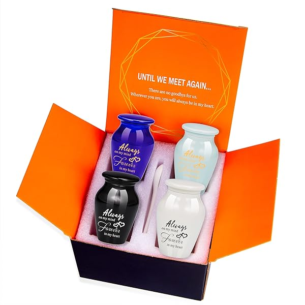 Gredstar 4pcs Small Ceramic Black Letter Print Cremation Urns - Always On My Mind Forever in My Heart Memorial Keepsake Urns - Premium Box and Spoon - Image 3