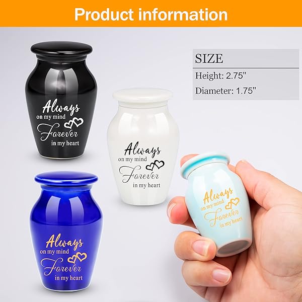 Gredstar 4pcs Small Ceramic Black Letter Print Cremation Urns - Always On My Mind Forever in My Heart Memorial Keepsake Urns - Premium Box and Spoon - Image 5