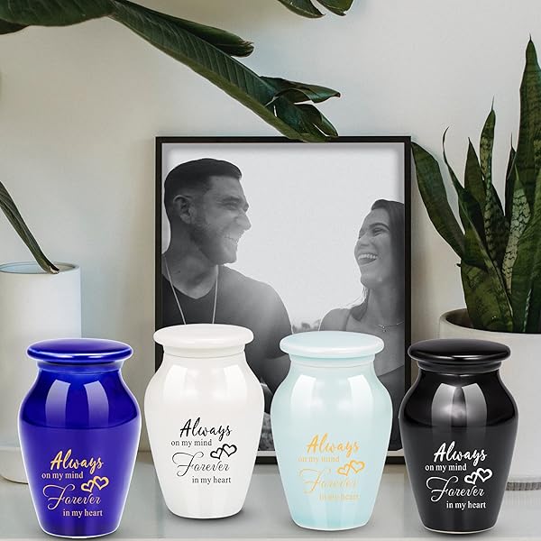 Gredstar 4pcs Small Ceramic Black Letter Print Cremation Urns - Always On My Mind Forever in My Heart Memorial Keepsake Urns - Premium Box and Spoon - Image 6