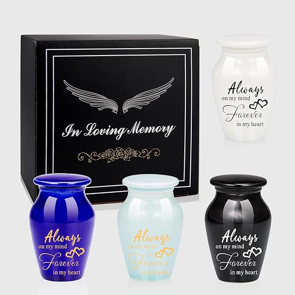 Gredstar 4pcs Small Ceramic Black Letter Print Cremation Urns - Always On My Mind Forever in My Heart Memorial Keepsake Urns - Premium Box and Spoon