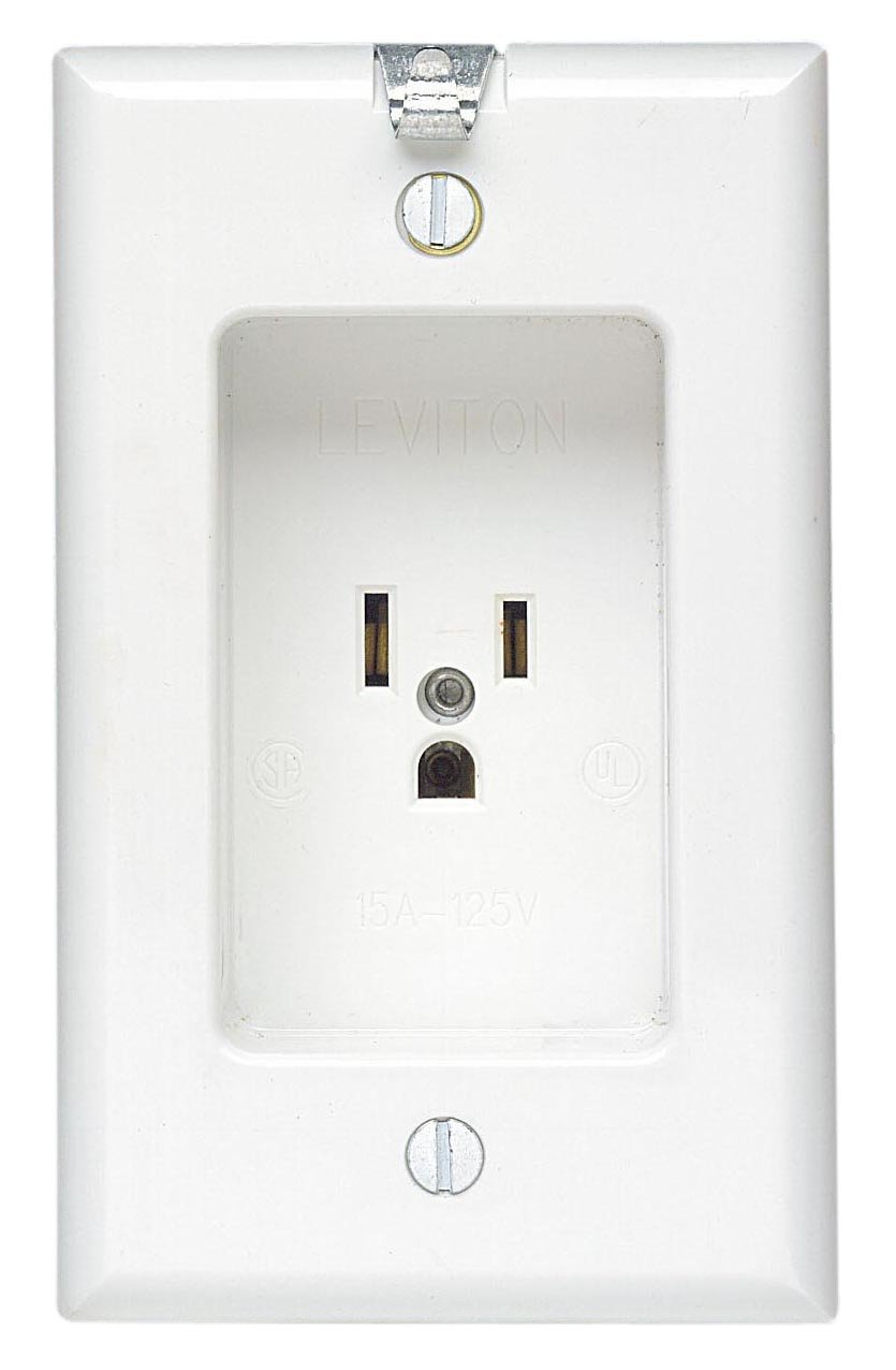 Leviton 688-W Recessed Single Receptacle: 15 Amp, 125V, Residential Grade with Clock Hanger Hook - White
