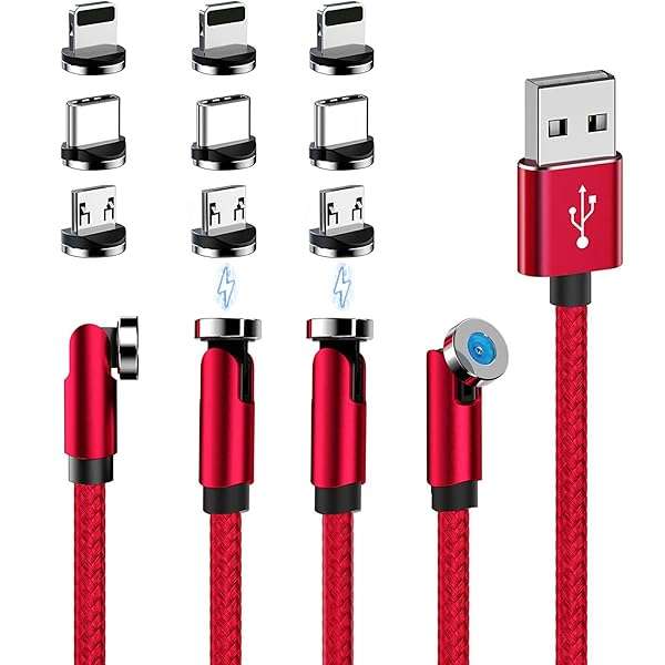 ANMONE 540° Rotating Magnetic Charging Cable (Red 4-Pack 3/3/6/6ft) 3 in 1 USB C Magnetic Phone Charger Cable 2.4A Fast Charge Cord for iPhone Samsung Moto Android Tablet TWS Earphone Gamepad