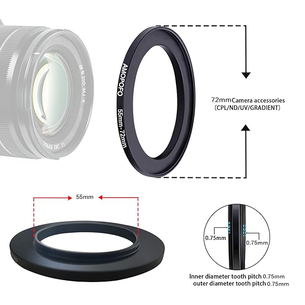 AMOPOFO 55mm to 72mm Step Up Ring Filter Adapter for UV ND CPL Aluminum Black - Image 6