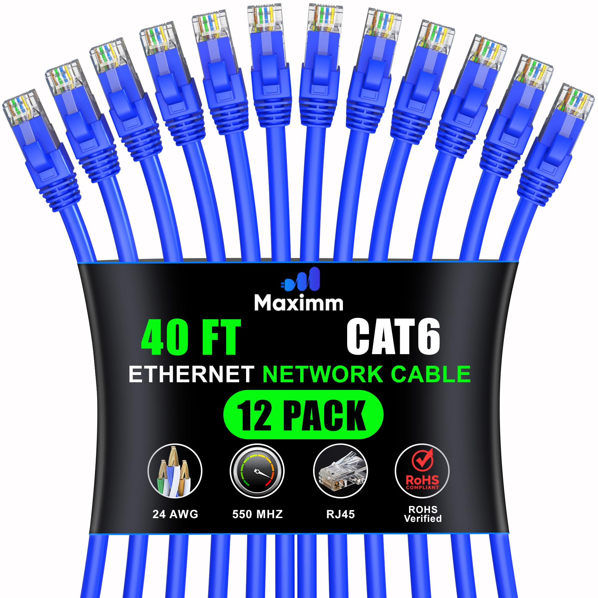 Maximm Cat 6 Ethernet Cable 40ft (12-Pack) - High-Speed 10Gbps LAN & Network Cable - UTP, 550MHz, Blue