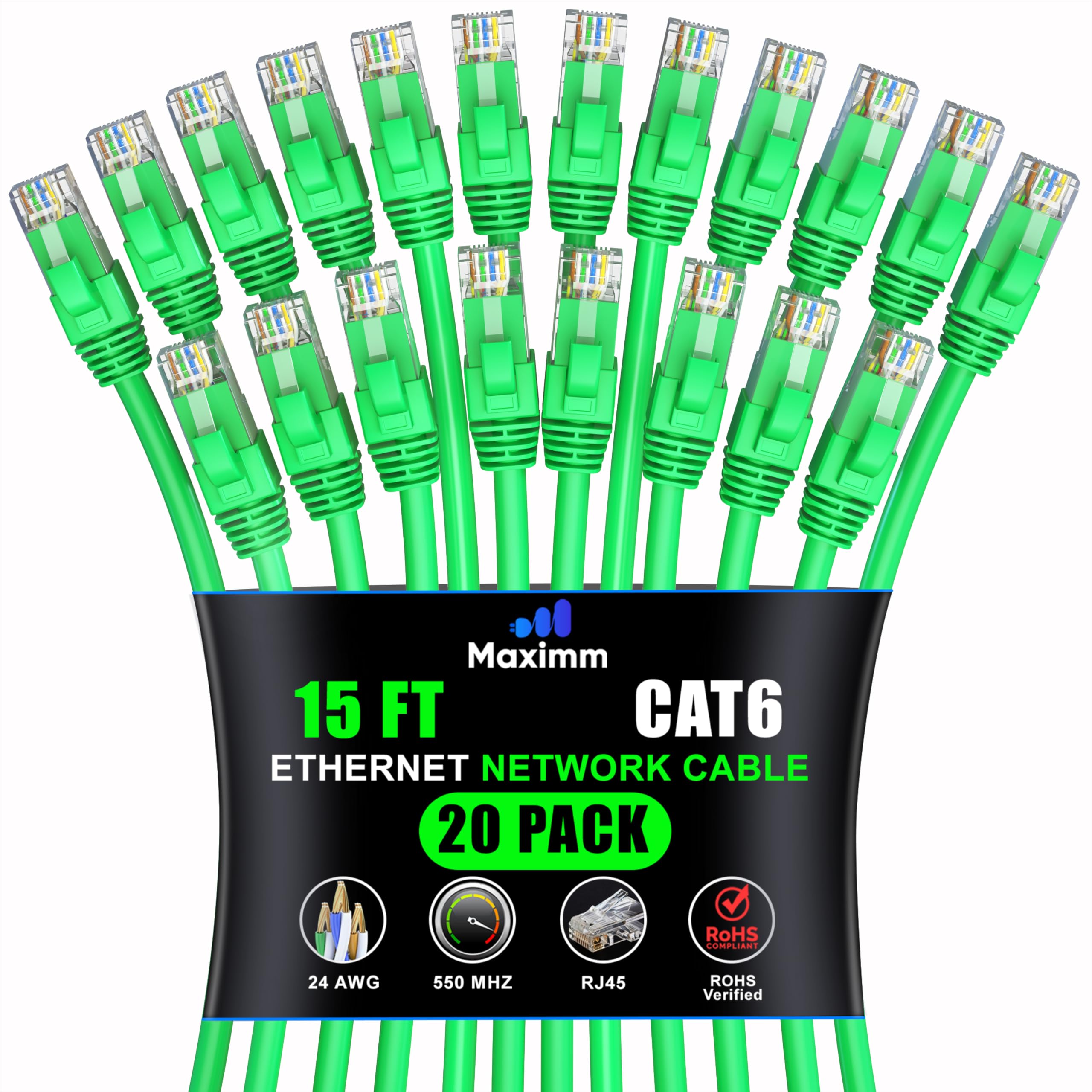 Maximm Cat 6 Ethernet Cable 15 ft (20-Pack) - High-Speed 10Gbps LAN & Network Cables - UTP, 550MHz, Green