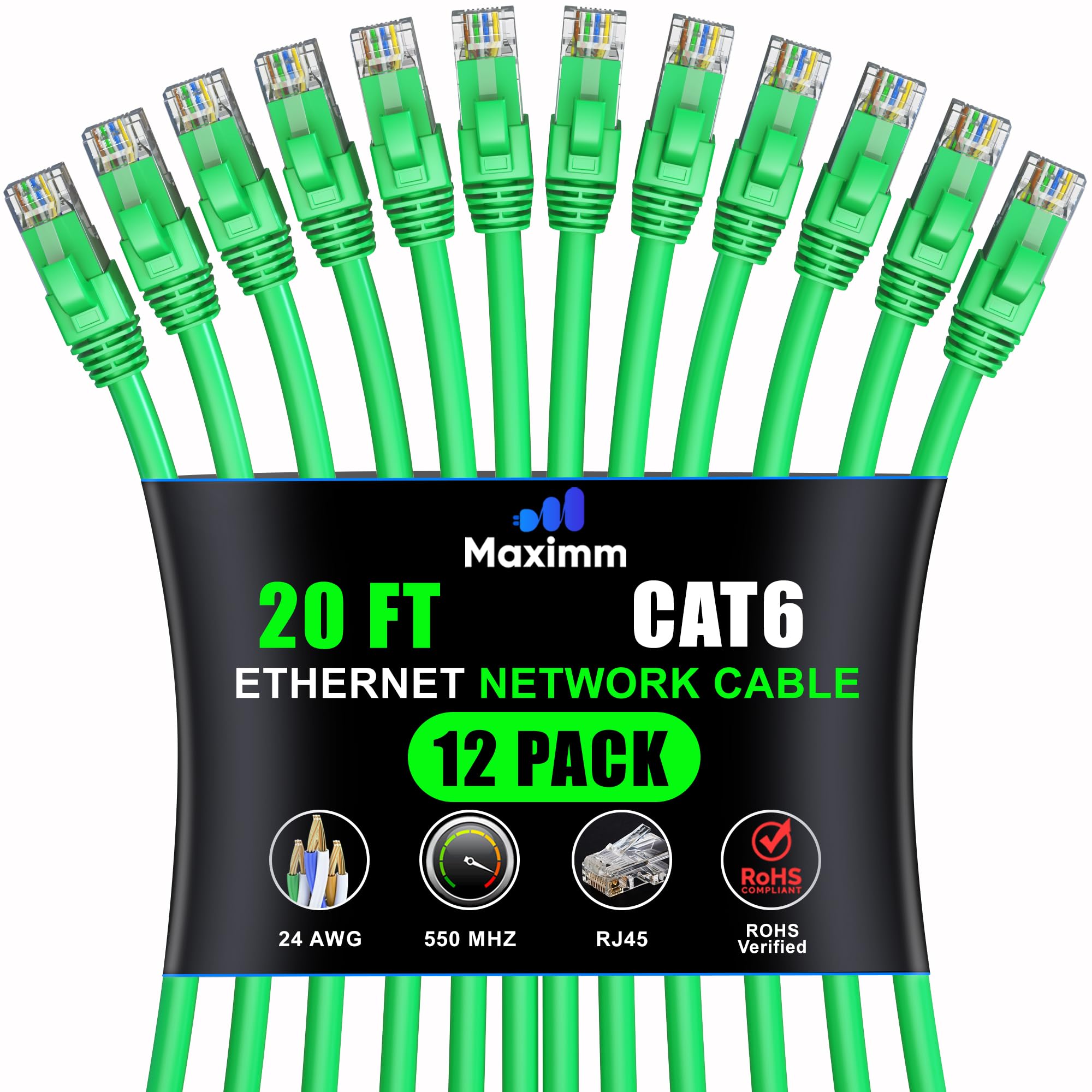 Maximm Cat 6 Ethernet Cable 2ft (20-Pack) - High-Speed 10Gbps LAN & Network Cables - Green UTP Patch Cord