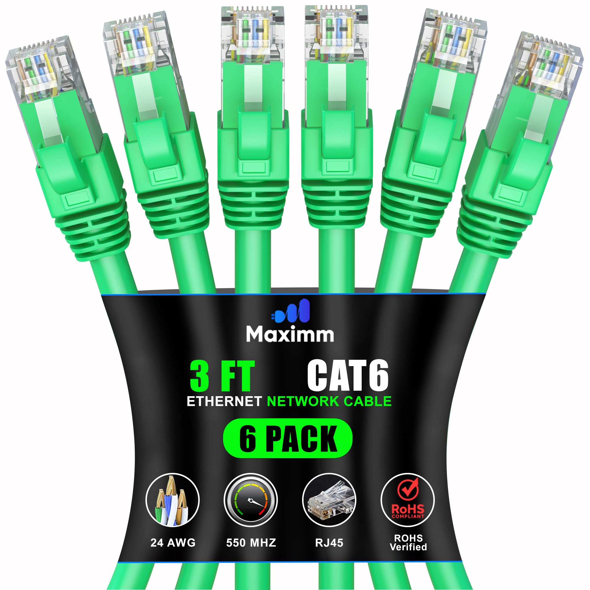 Maximm Cat 6 Ethernet Cable 3ft (6-Pack) - High-Speed 10Gbps LAN & Network Cable - UTP, 550MHz, Green