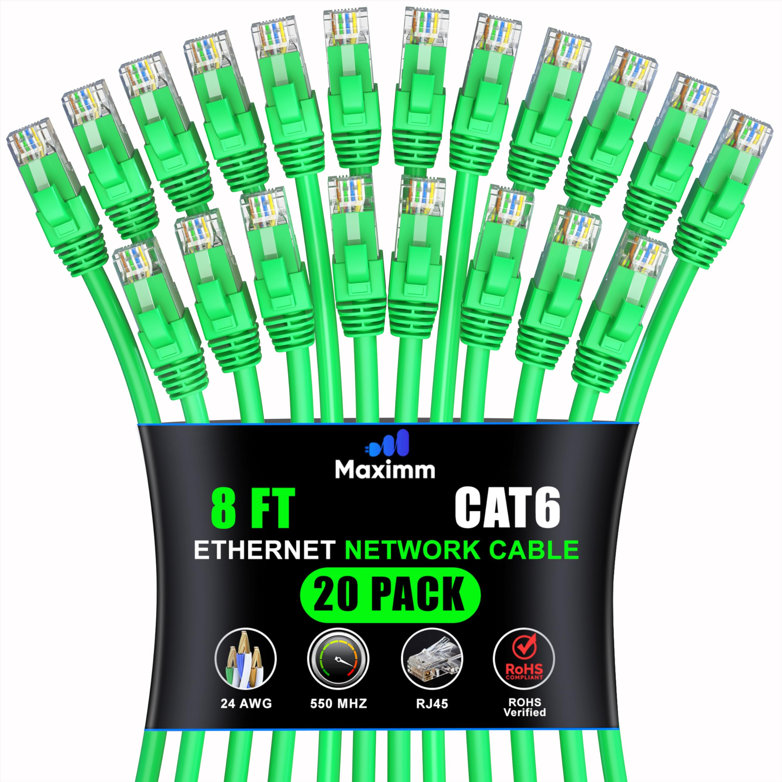 Maximm Cat 6 Ethernet Cable 25 ft (20-Pack) - High-Speed 10Gbps Network Cable, UTP, 550MHz - Green Patch Cord