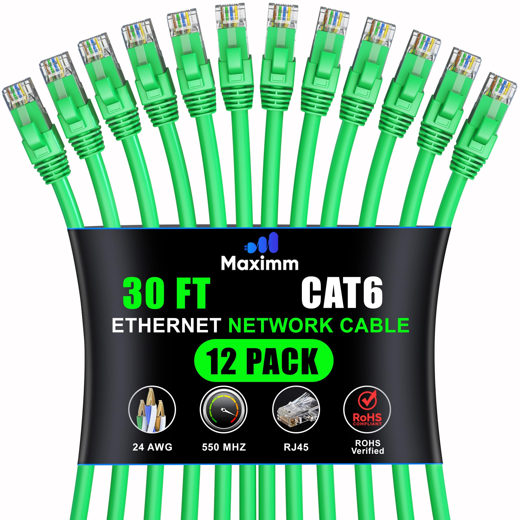 Maximm Cat 6 Ethernet Cable 30ft (12-Pack) - High-Speed 10Gbps LAN & Network Cables - UTP, 550MHz, Green