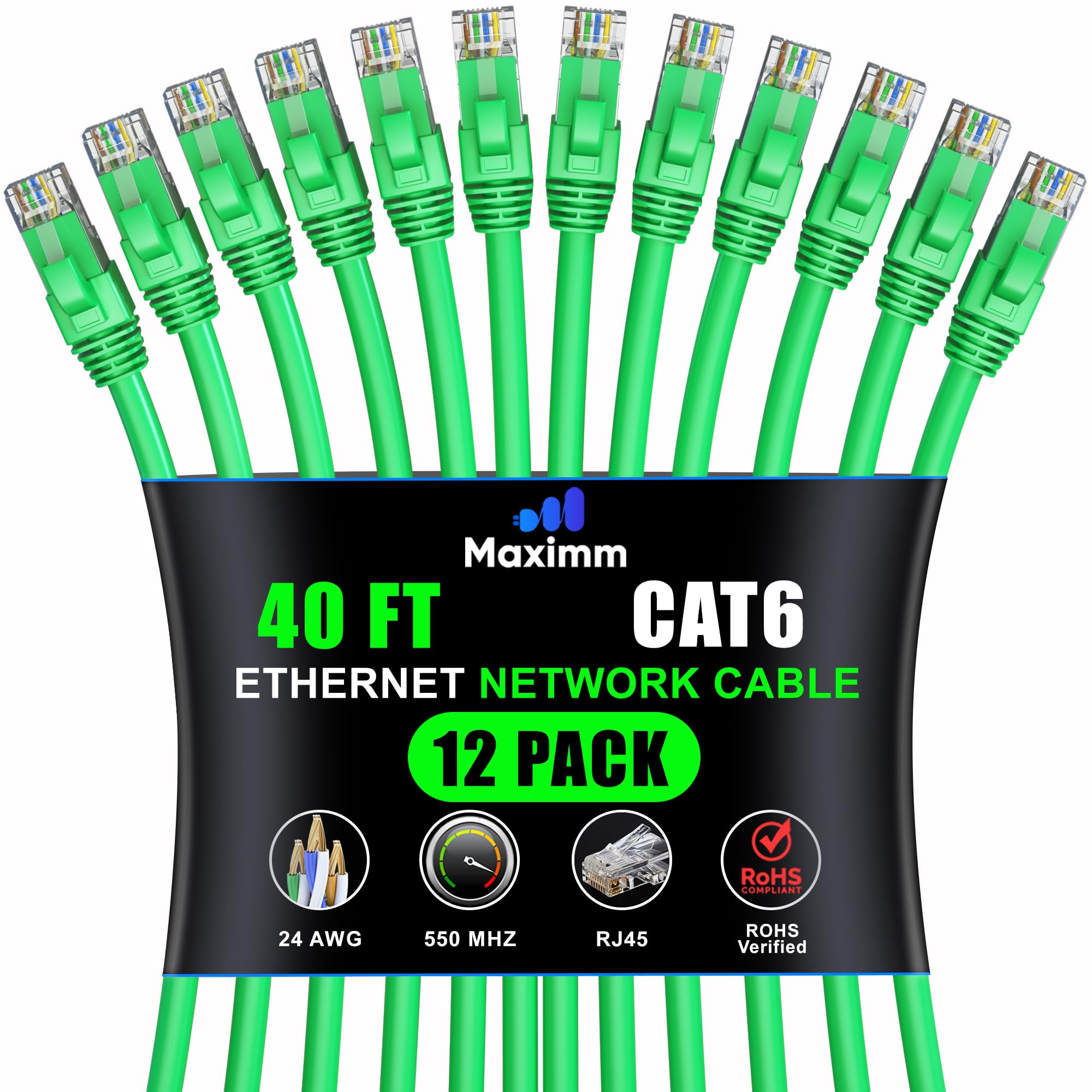 Maximm Cat 6 Ethernet Cable 40ft (12-Pack) - High-Speed 10Gbps LAN & Network Cables - UTP, 550MHz, Green