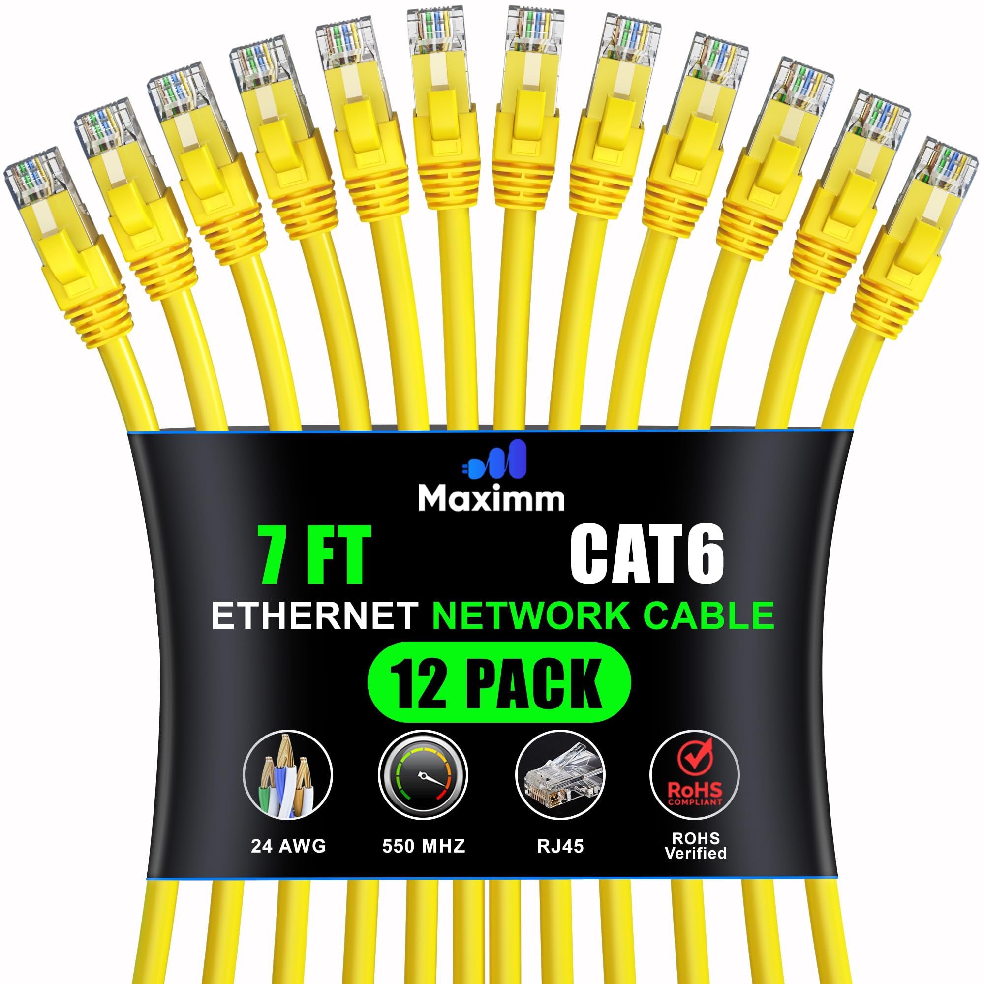 Maximm Cat 6 Ethernet Cable 7ft (12-Pack) - High-Speed 10Gbps LAN & Network Cable - Yellow UTP, 550MHz Patch Cord