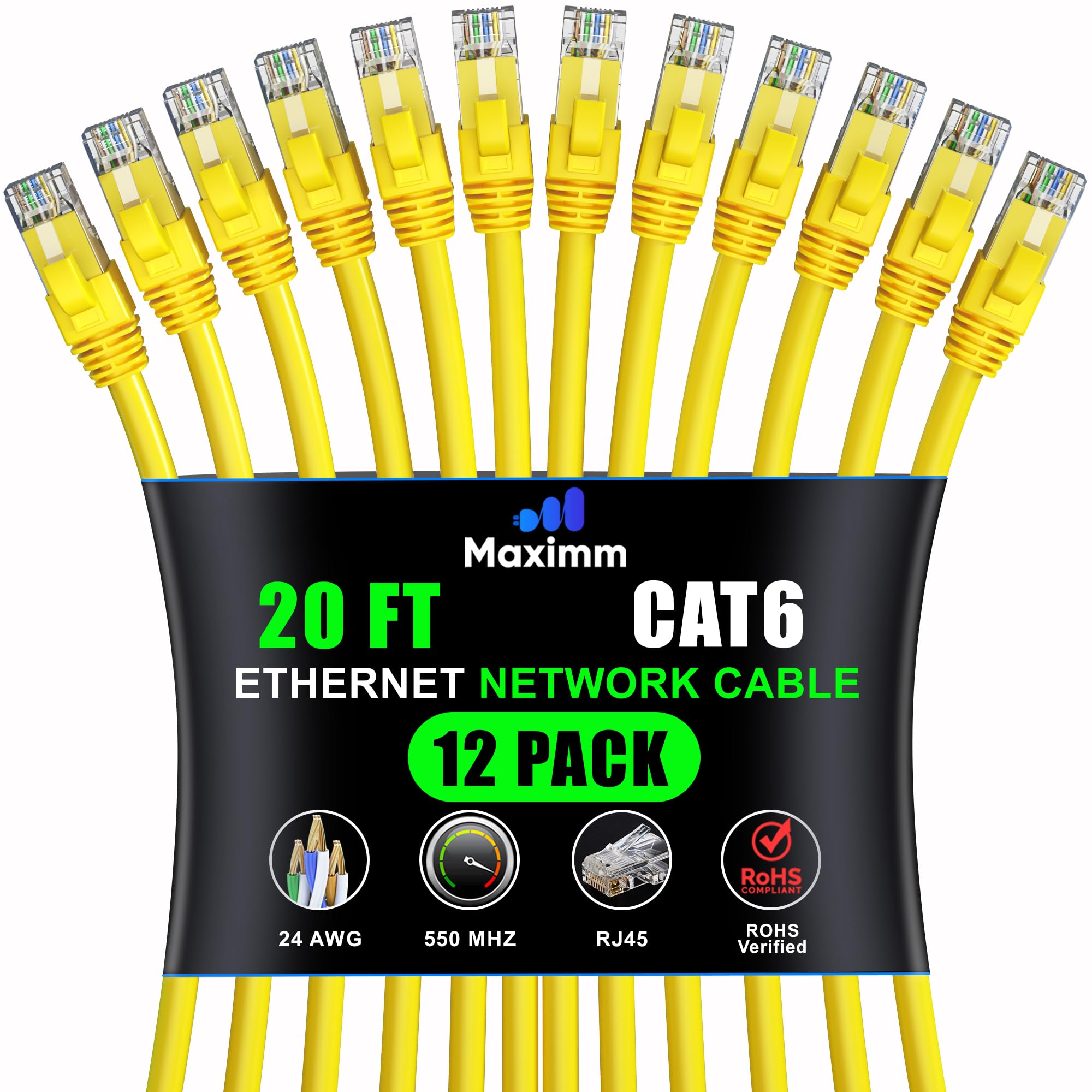 Maximm Cat 6 Ethernet Cable 20ft (12-Pack) - High-Speed 10Gbps LAN & Network Cable - Yellow UTP, 550MHz Patch Cord
