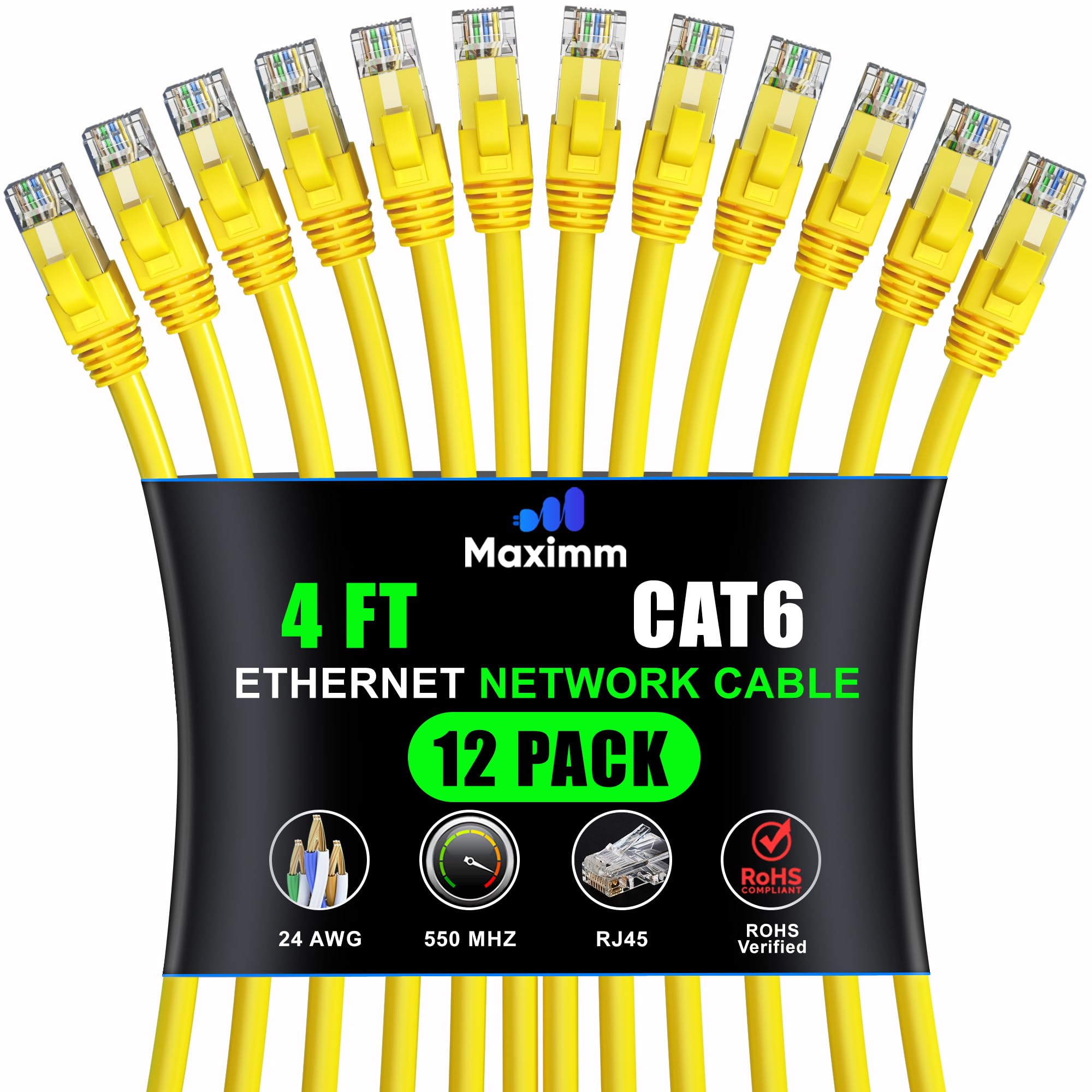 Maximm Cat 6 Ethernet Cable 4ft (12-Pack) - High-Speed 10Gbps LAN & Network Cable - Yellow UTP Patch Cord