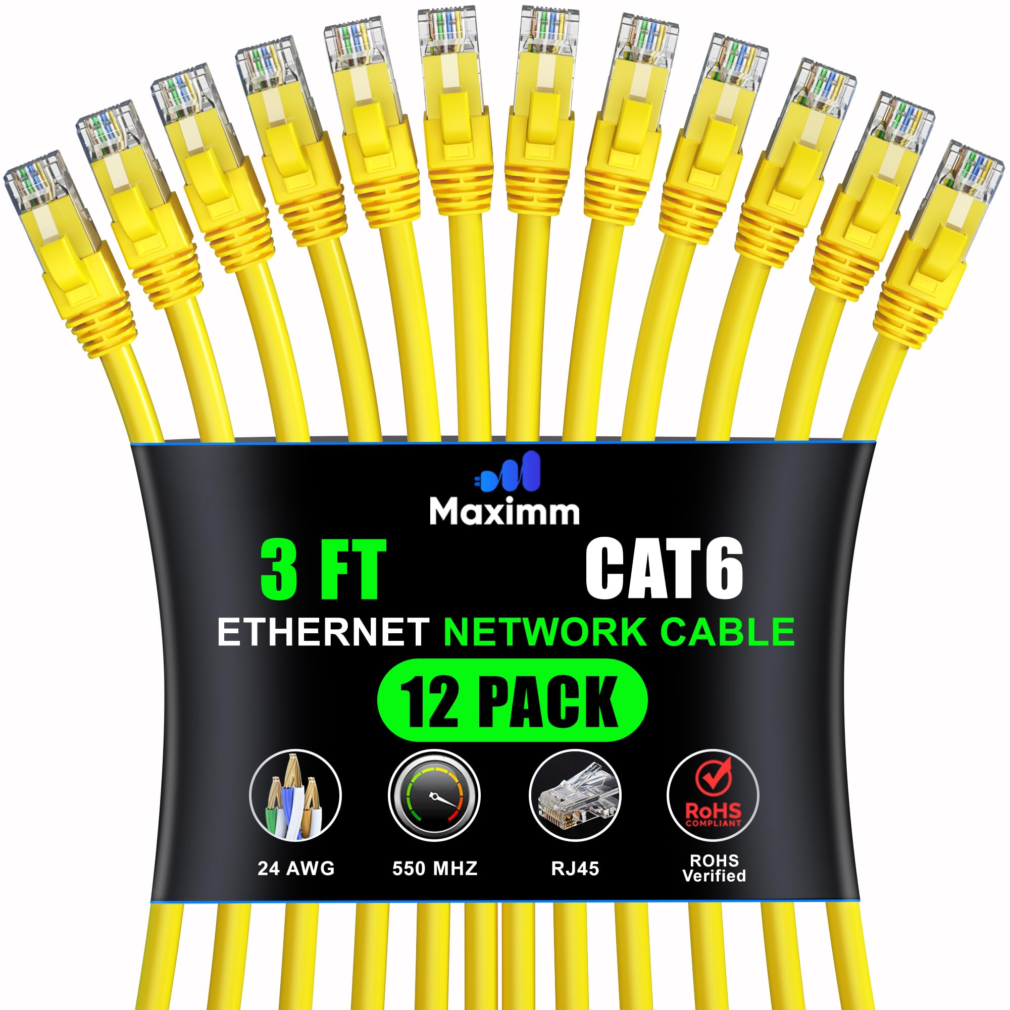 Maximm Cat 6 Ethernet Cable 3ft (12-Pack) - High-Speed 10Gbps LAN & Network Cable - Yellow UTP, 550MHz Patch Cord