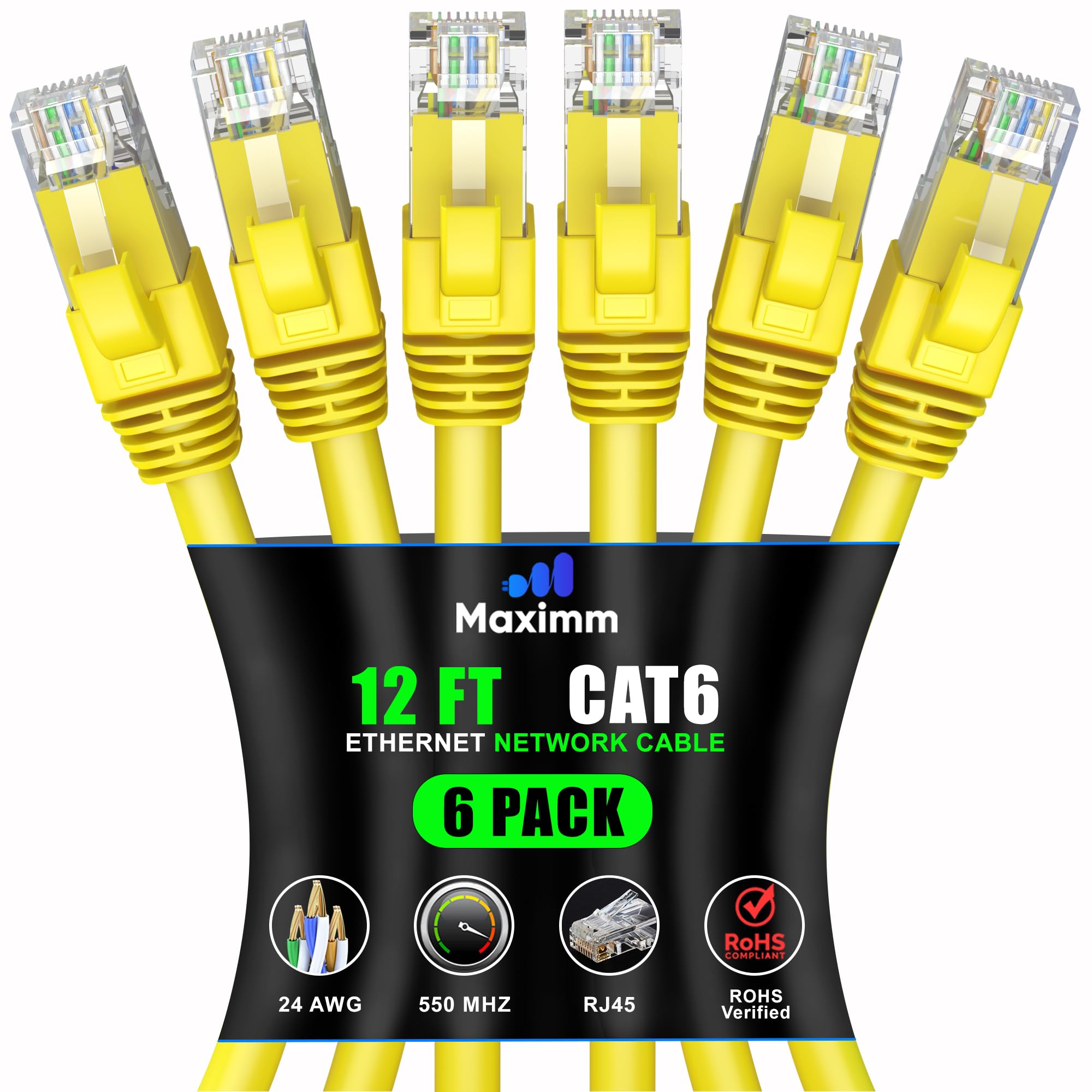 Maximm Cat 6 Ethernet Cable 8ft (6-Pack) - High-Speed 10Gbps LAN & Network Cable - Yellow UTP Patch Cord