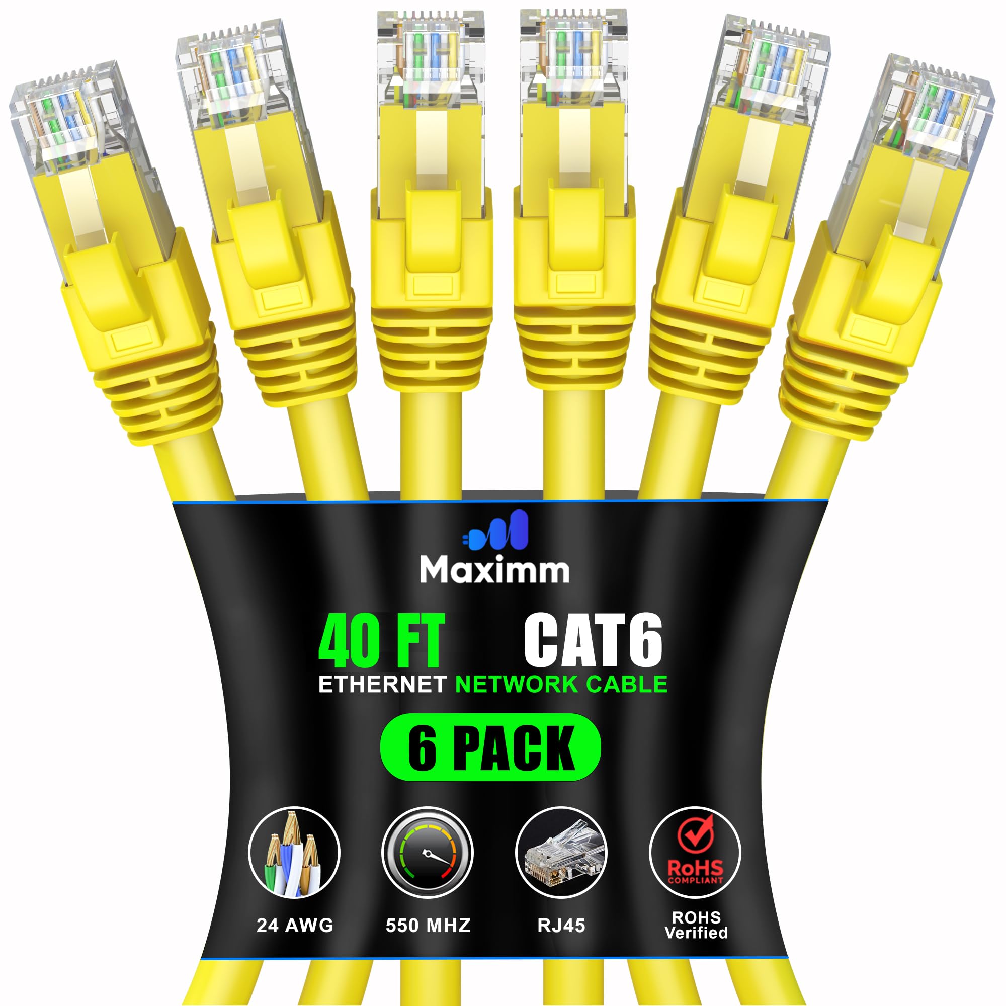 Maximm Cat 6 Ethernet Cable 40 ft (6-Pack) - High-Speed 10Gbps LAN & Network Cables - Yellow UTP, 550MHz Patch Cords