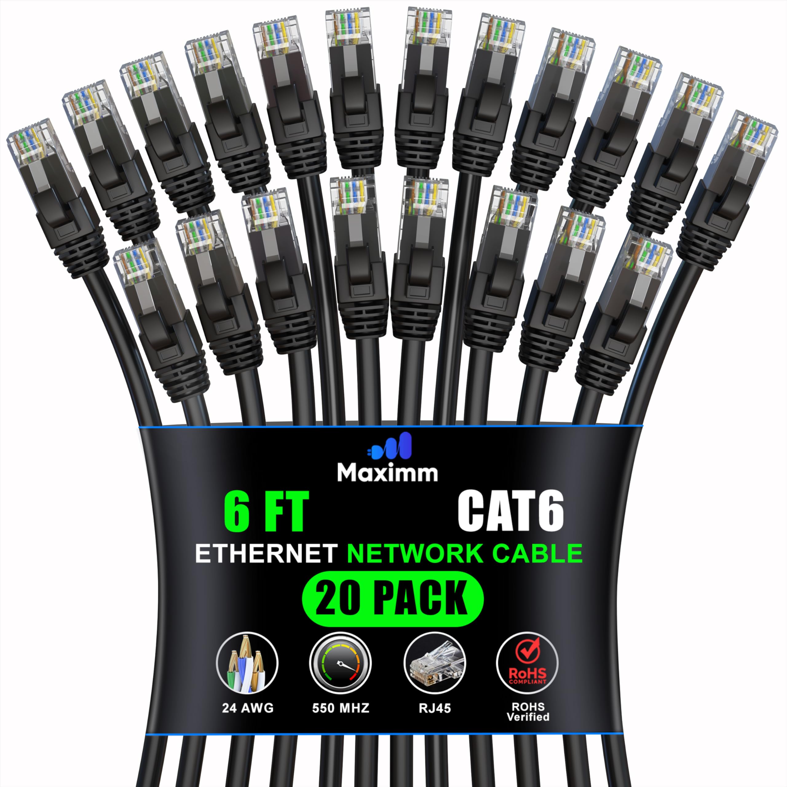 Maximm Cat 6 Ethernet Cable 20 ft (6-Pack) - High-Speed 10Gbps LAN & Network Cables for Fast Internet - UTP, 550MHz, Black