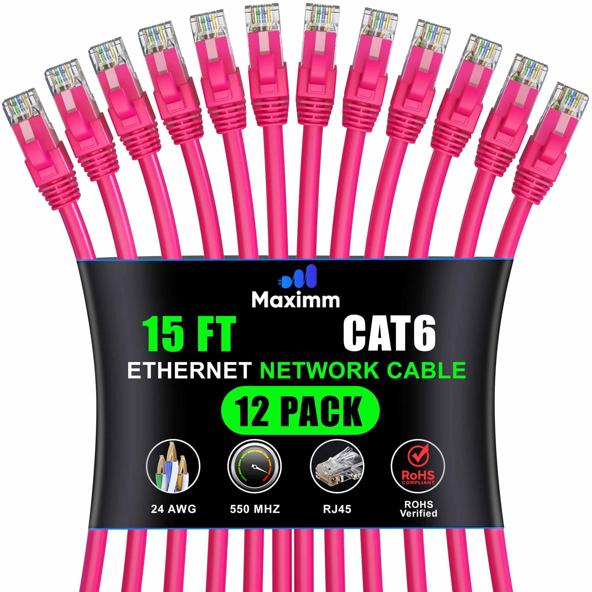 Maximm Cat 6 Ethernet Cable 15 ft (12-Pack) - High-Speed 10Gbps Network Cable in Pink for Fast Internet & LAN Connections