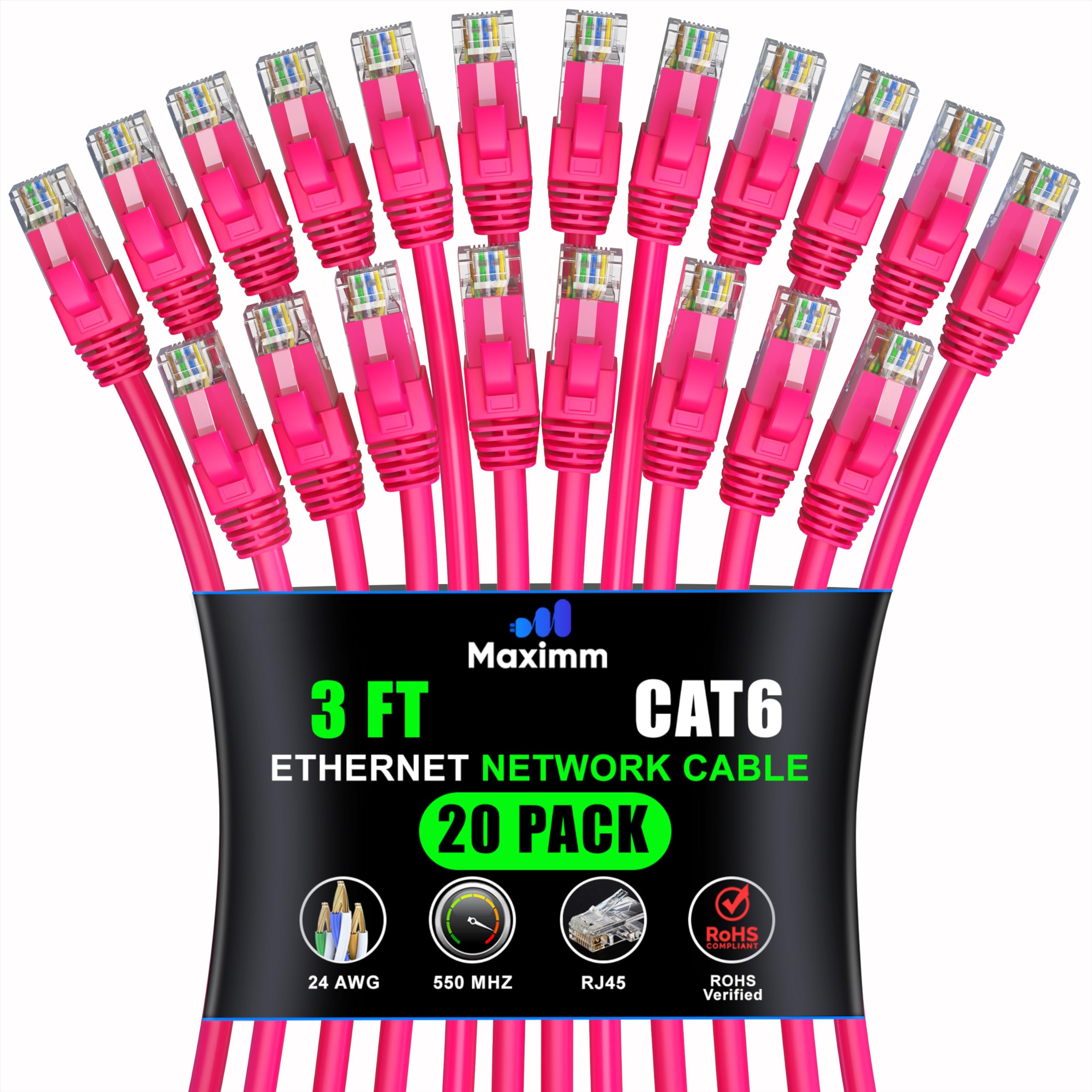 Maximm Cat 6 Ethernet Cable 3ft (20-Pack) - High-Speed 10Gbps LAN & Network Cables - Pink UTP Patch Cords for Fast Internet