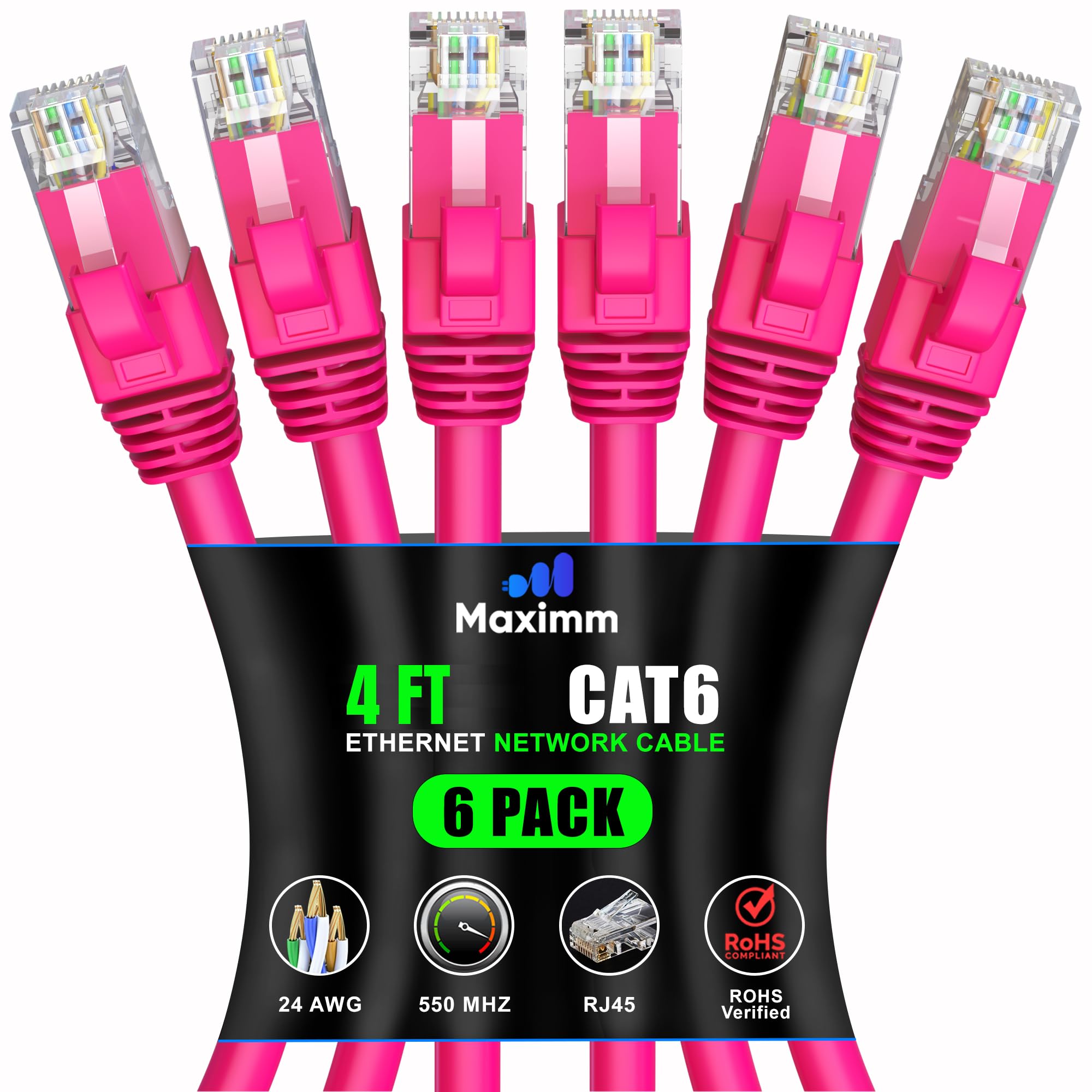 Maximm Cat 6 Ethernet Cable 4ft (20-Pack) - High-Speed 10Gbps Network Cable - Pink UTP Patch Cord for Fast Internet