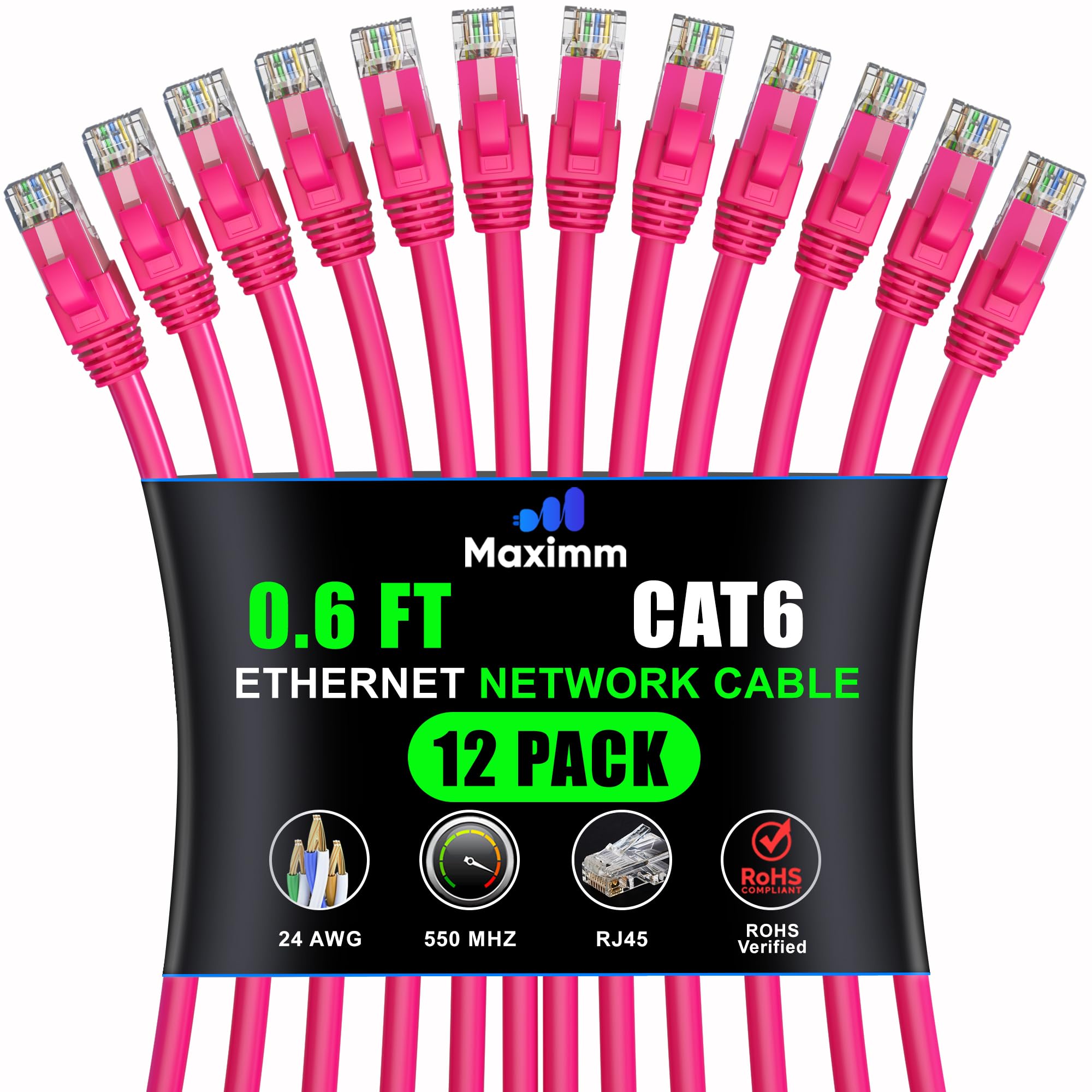 Maximm Cat 6 Ethernet Cable 0.6 ft (12-Pack) - High-Speed 10Gbps LAN & Network Cable - Pink UTP Patch Cord