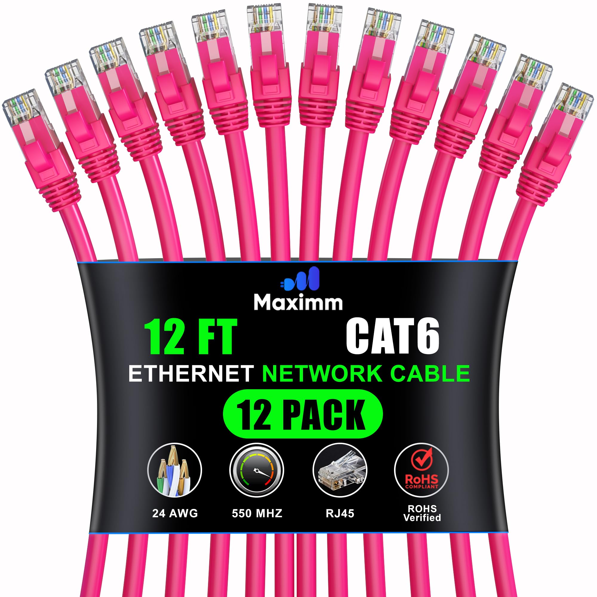 Maximm Cat 6 Ethernet Cable 12 ft (12-Pack) - High-Speed 10Gbps Network Cable in Pink for Fast Internet & LAN Connections