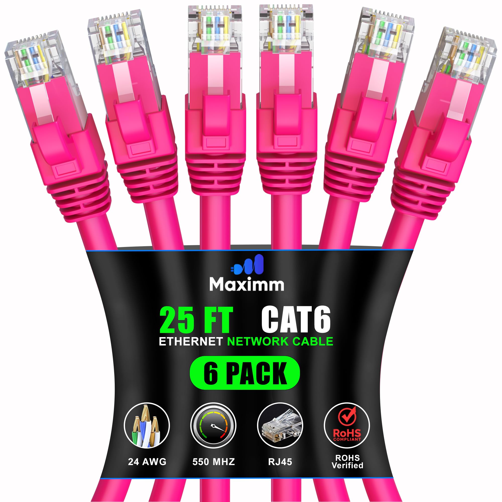 Maximm Cat 6 Ethernet Cable 25 ft (6-Pack) - High-Speed 10Gbps Network Cable in Pink for Fast Internet & LAN Connections