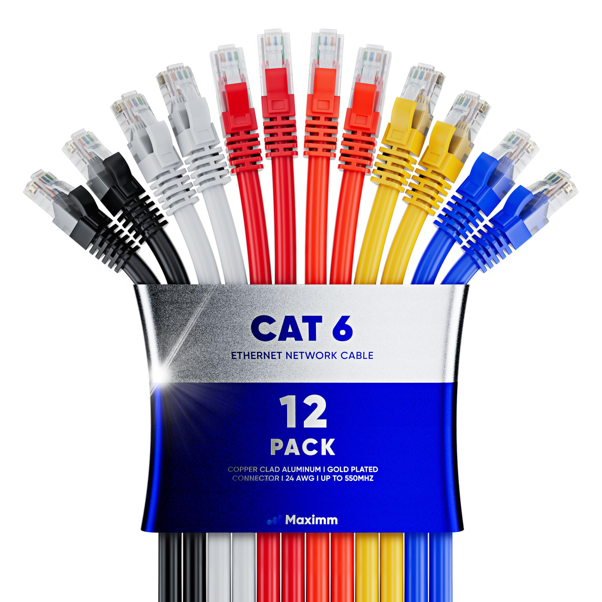 Maximm Cat 6 Ethernet Cable 6 ft (6-Pack) - High-Speed 10Gbps LAN & Network Cables - UTP, 550MHz, Multicolor