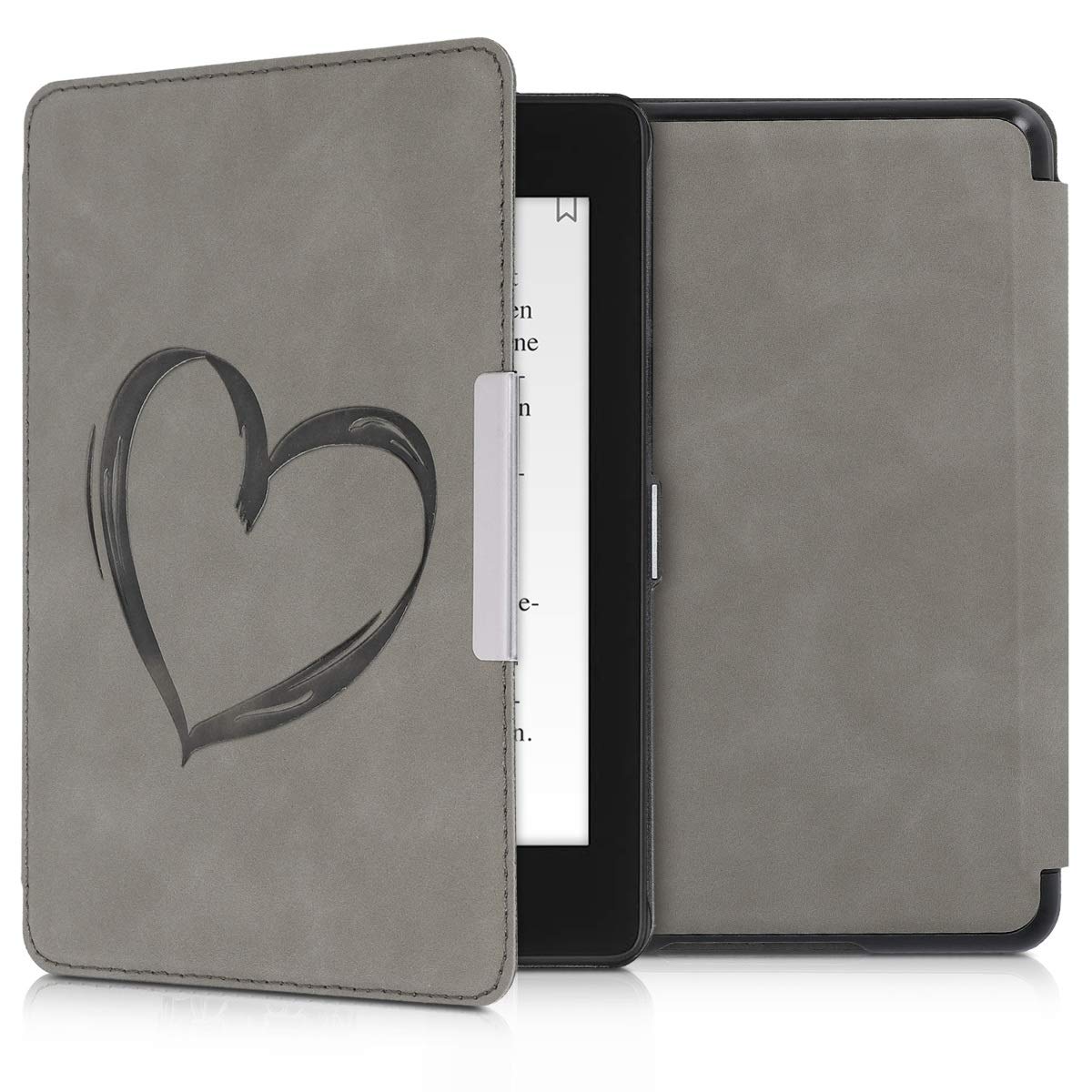 kwmobile Brushed Heart Grey Cover for Kindle Paperwhite 10th Gen (2018) - Stylish eReader Case