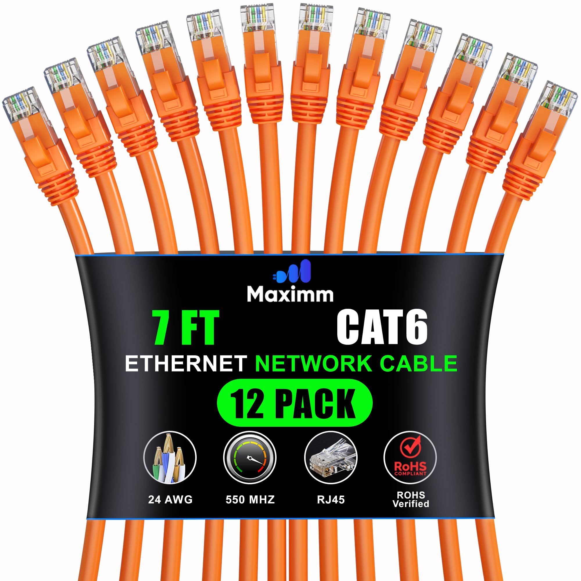 Maximm Cat 6 Ethernet Cable 15 ft (20-Pack) - High-Speed 10Gbps LAN & Network Cables - UTP, 550MHz, Orange
