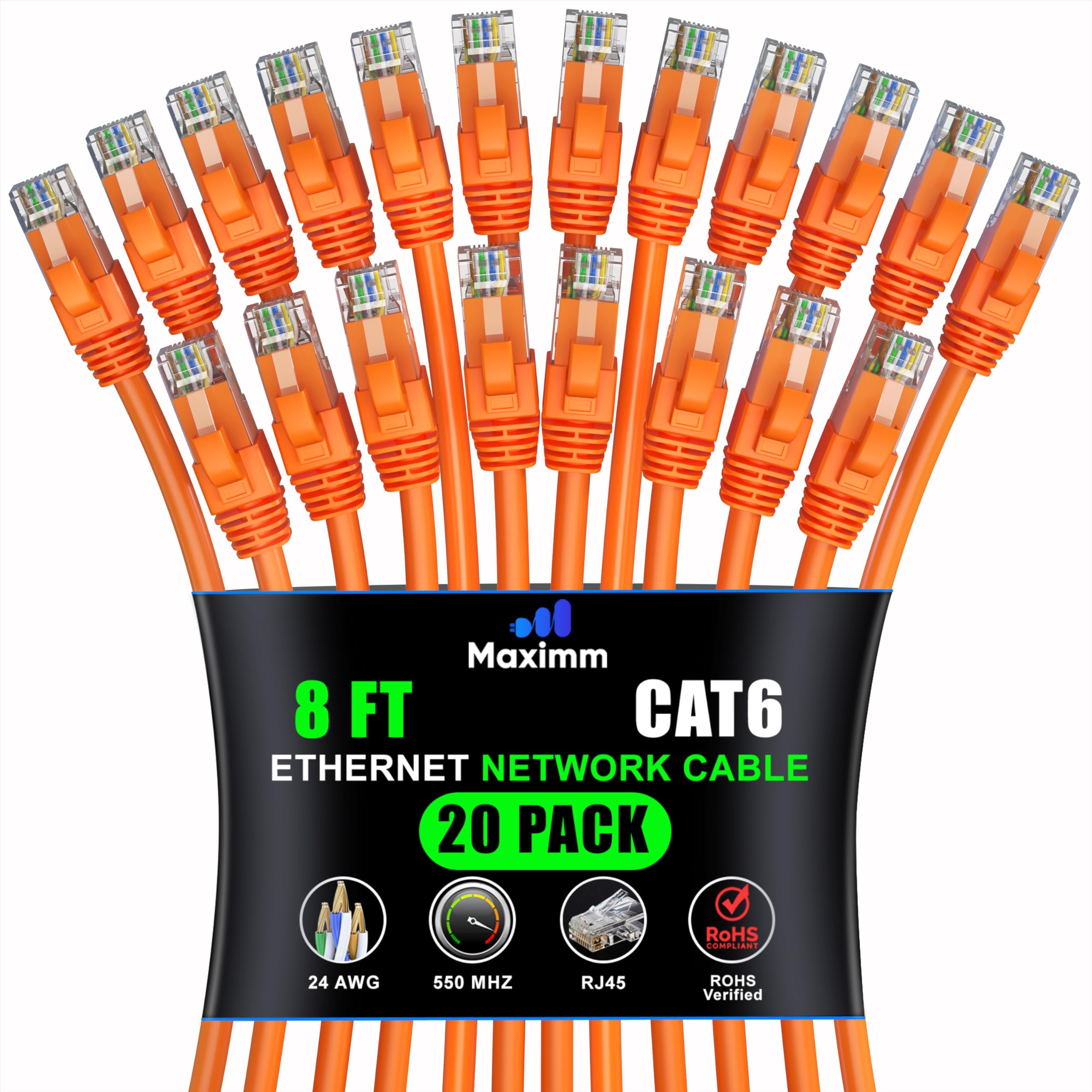 Maximm Cat 6 Ethernet Cable 8ft (20-Pack) - High-Speed 10Gbps LAN & Network Cable - UTP, 550MHz, Orange