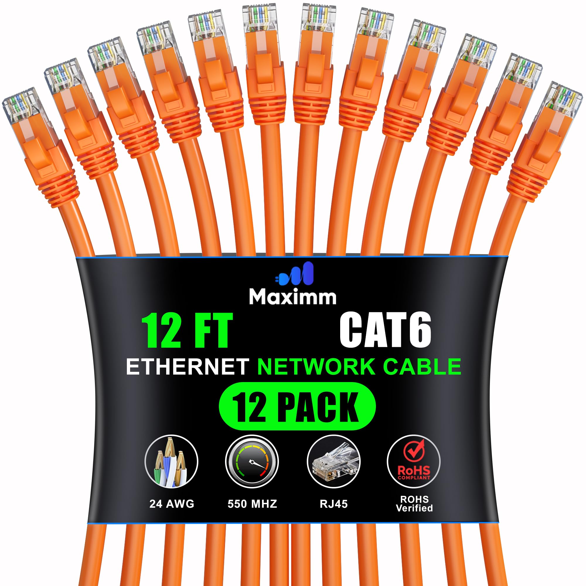 Maximm Cat 6 Ethernet Cable 12 ft (12-Pack) - High-Speed 10Gbps LAN & Network Cable - UTP, 550MHz, Orange