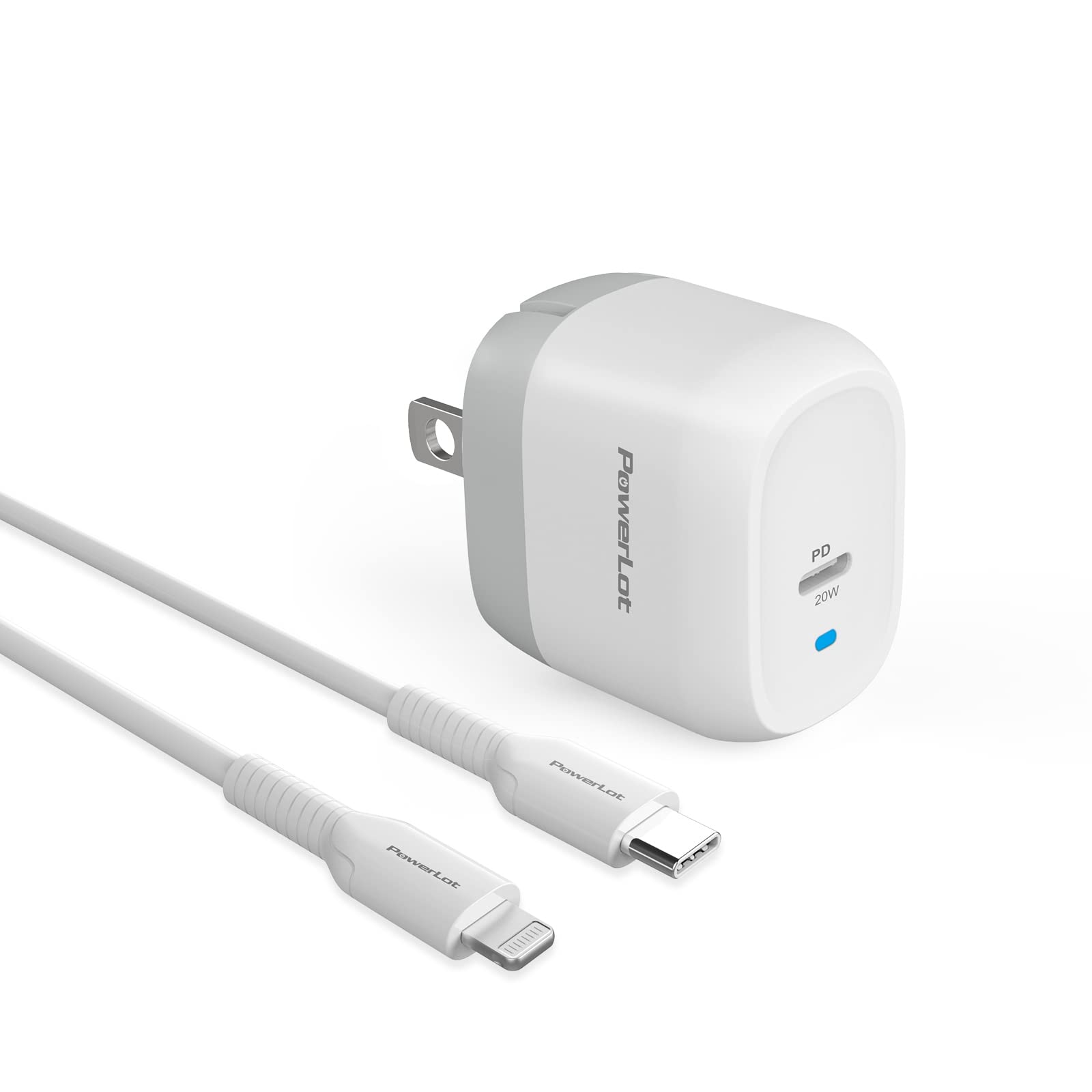 PowerLot 20W GaN USB-C Charger & 4ft Lightning Cable for iPhone 15/14/13/12, iPad Pro, AirPods - MFi Certified & Foldable