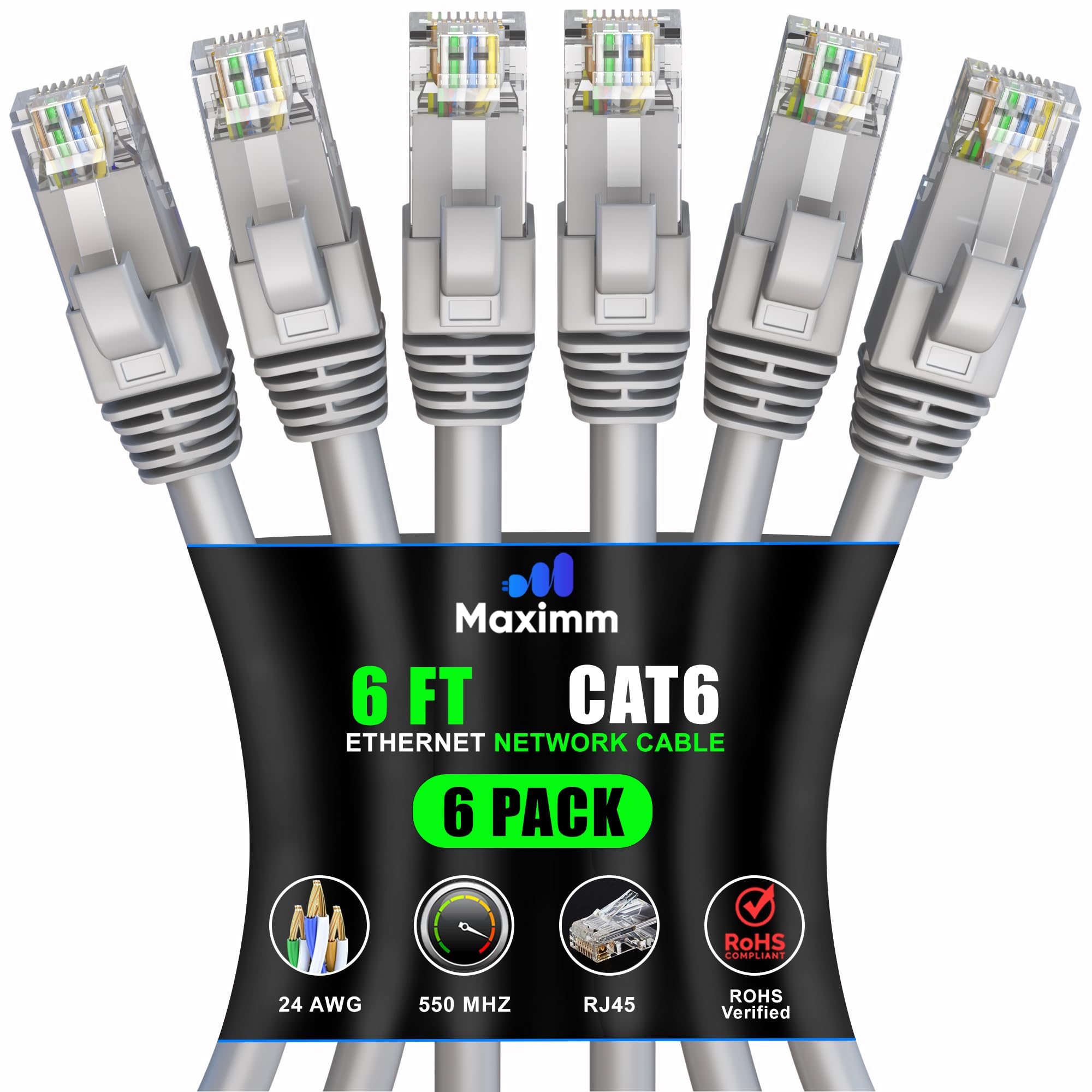 Maximm Cat 6 Ethernet Cable 6 ft (6-Pack) - High-Speed 10Gbps LAN & Network Cables - UTP, 550MHz, Gray