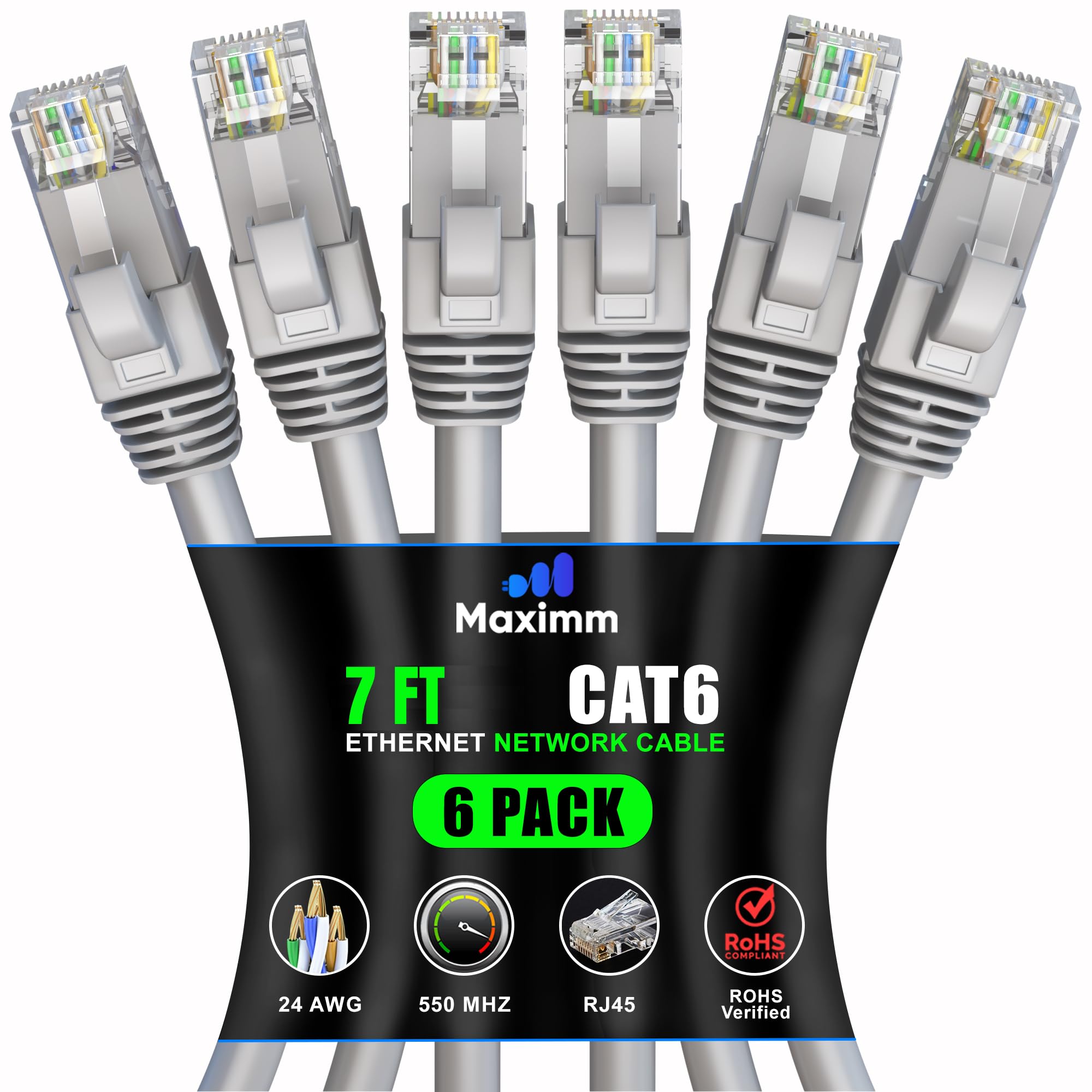 Maximm Cat 6 Ethernet Cable 7ft (6-Pack) - High-Speed 10Gbps LAN & Network Cables - UTP, 550MHz, Gray