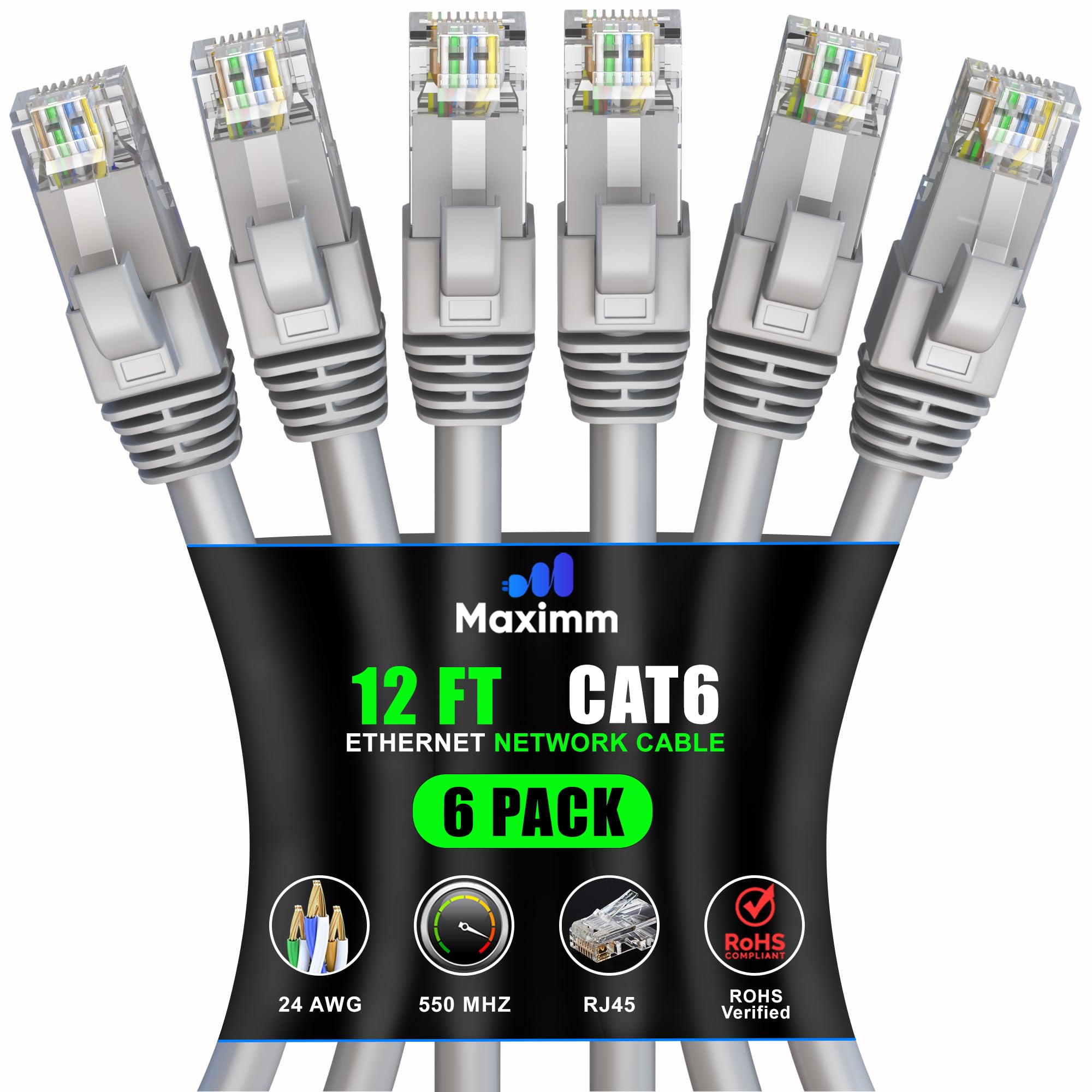 Maximm Cat 6 Ethernet Cable 12ft (6-Pack) - High-Speed 10Gbps LAN & Network Cables - UTP, 550MHz, Gray