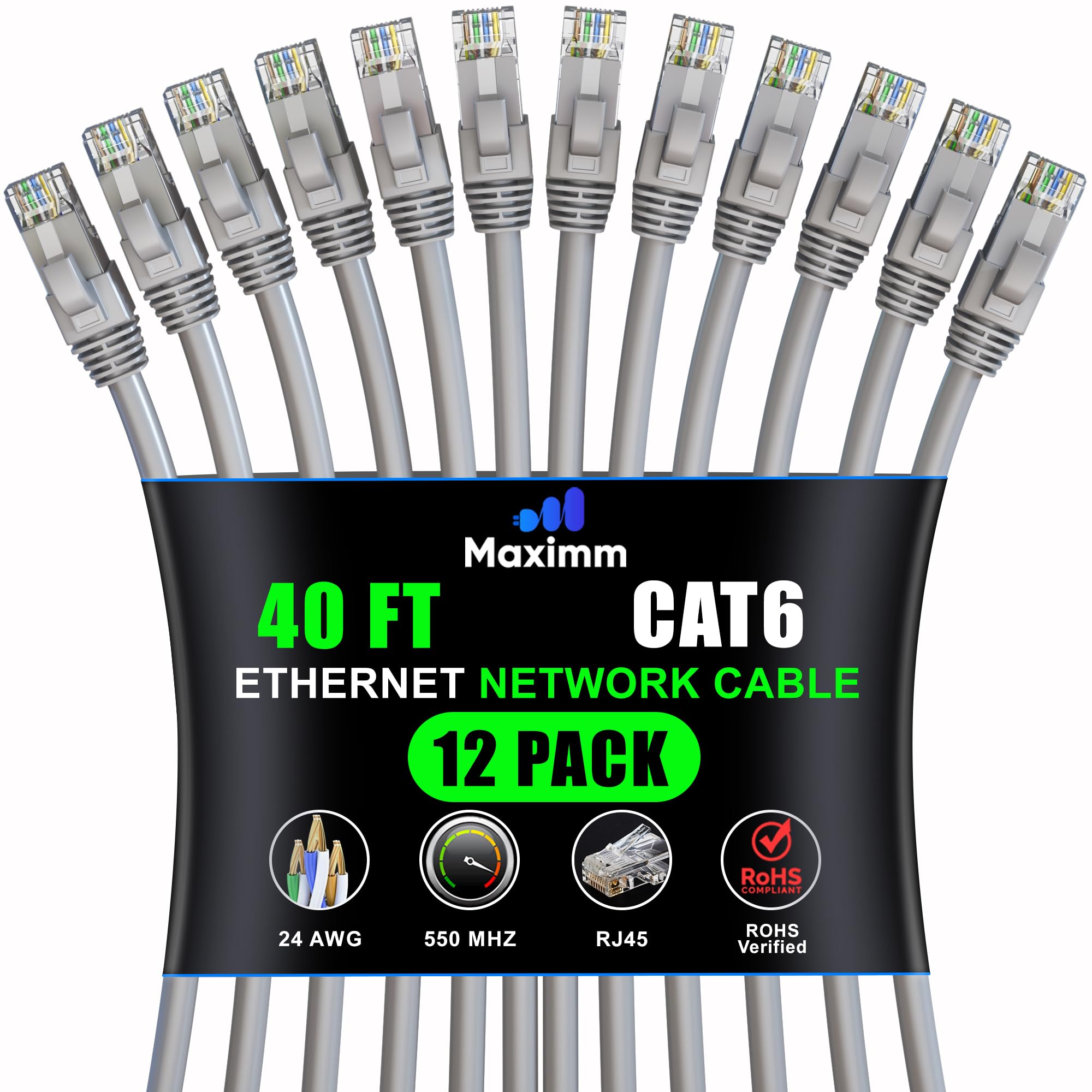 Maximm Cat 6 Ethernet Cable 40ft (12-Pack) - High-Speed 10Gbps LAN & Internet Patch Cables - UTP, 550MHz, Gray