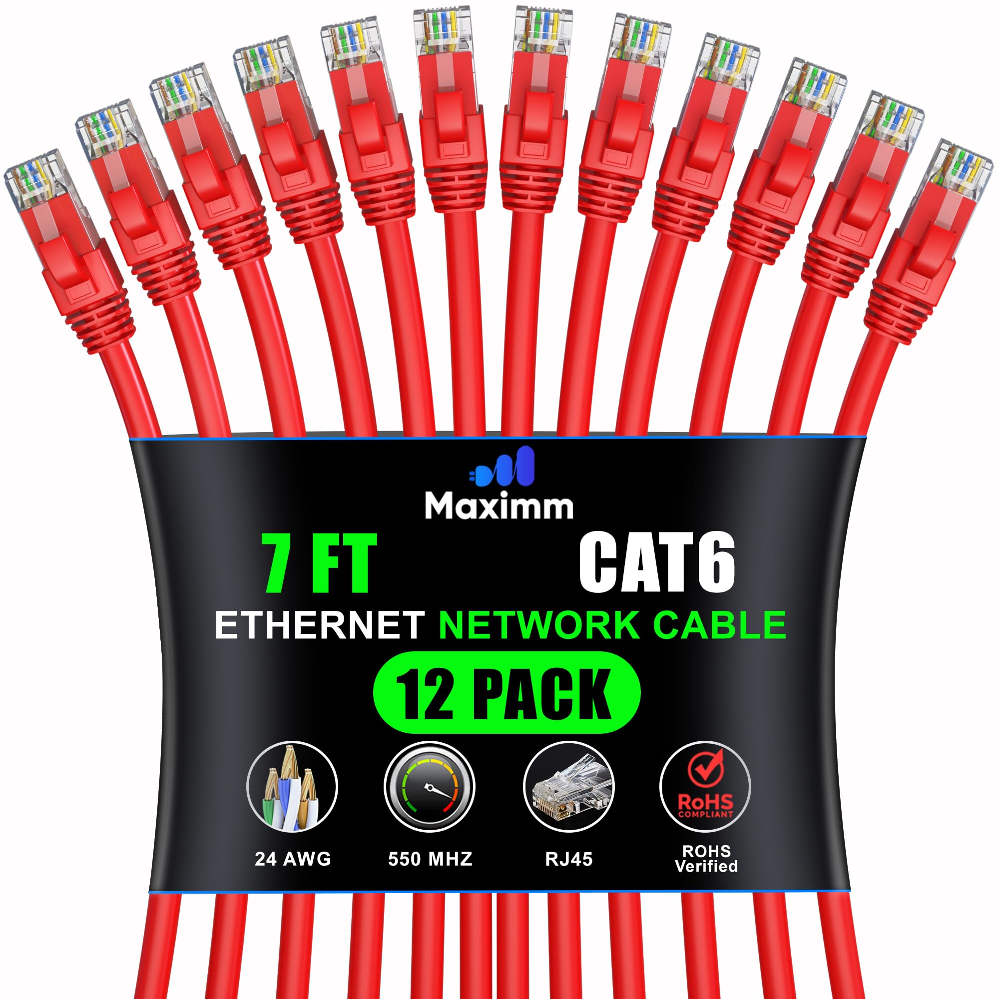 Maximm Cat 6 Ethernet Cable 7ft (12-Pack) - High-Speed 10Gbps LAN & Network Cable - Red UTP Patch Cord